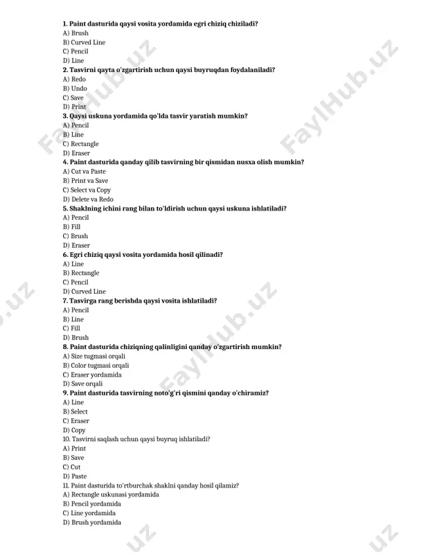ustun nimani bildiradi? a) eng kichik qiymatni b) eng katta qiymatni c) o'rtacha qiymatni d) har qanday qiymatni 7. microsoft excel dasturida kataklar qanday tanlanadi? a) bitta bosish orqali b) katak ustiga o'ng tugmani bosib c) katak ustiga chap tugmani bir marta bosib d) katak ichiga ikki marta bosib 8. doiraviy diagramma qanday maqsad uchun ishlatiladi? a) harakat ko'rsatish uchun b) piktogramma yaratish uchun c) grafik chizish uchun d) ma'lumotlarni ulushlarda ko'rsatish uchun 9. qaysi dastur orqali ma'lumotlar jadvalini yaratish mumkin? a) paint b) word c) excel d) scratch 10. ustunli diagrammada nechta ustun bo'lishi mumkin? a) faqat 2 b) faqat 3 c) har xil sonlarda d) faqat 5 11. piktogramma nima? a) tasvirlardan foydalangan holda axborotni namoyish etish b) ma'lumotlarni chizish usuli c) chiziqli grafik d) harakat ko'rsatkichli grafik 12. doiraviy diagrammada eng katta bo'lak nimani bildiradi? a) eng kichik ulushni b) eng katta ulushni c) o'rtacha ulushni d) …