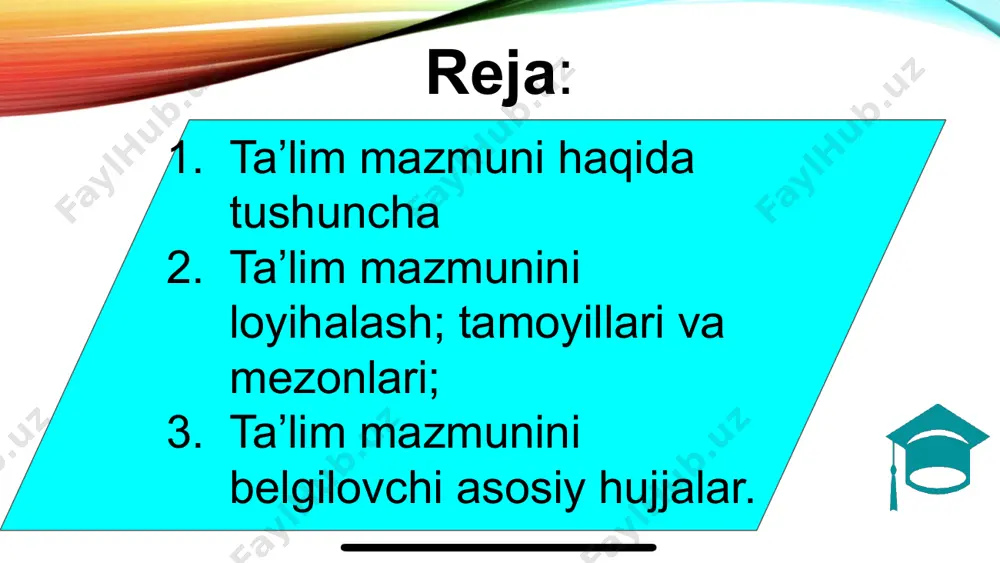 tlarining o'zaro mosligini ko'zda tutadi. 4. ta’lim mazmunini insonparvarlashtirish tamoyili. bu tamoyil o'quvchilaming umuminsoniy va milliy madaniyatni faol ijodiy va amaliy o'zlashtirishlari uchun shart- sharoitlar yaratish bilan bog'liqdir.. 5. ta’lim mazmunini fundamentallashtirish tamoyili ta’limni insonparvarlashtirishdagi to'siqlami yo'qotishga imkon beradi. u ijtimoiy-gumanitar va tabiiy-ilmiy bilimlami birlashtirish, ketma- ketlikni o'matisb va fanlararo aloqalami o'quvchilaming idrok etishi va amaliy faoliyat metodologiyasining mohiyatini anglab yetishlariga tayanishni talab etadi. 6. ta’lim mazmunining ketma-ketligi tamoyili. mazkur tamoyil ta’lim mazmunini o'sib boruvchi yo'nalishda rejalashtirishdan iborat bo'lishini anglatadi, bunda birinchi navbatda har bir yangi bilim awalgisiga tayanadi va undan kelib chiqadi. 7. ta’lim mazmunining muntazamliiigi tamoyili. ushbu tamoyil o‘rganilayotgan bilimlar va shakllantirilayotgan malakalar va kompetentsiyalami yagona tizimdagi o‘mi, umumiy o‘rta ta’lim, barcha о‘quv kurslari va yaxlit mazmunning bir-biriga hamda umuminsoniy, milliy madaniyat tizimi aloqadorlikda ко‘rib chiqishni ko‘zda tutadi. 8. ta’lim mazmunining o'quvchilar yosh xususiyatlariga mosligi tamoyili. mazkur tamoyil ta’lim mazmunini loyihalashda о‘quvchilarning yosh xususiyatlari va tayyorgarlik darajasini hisobga …