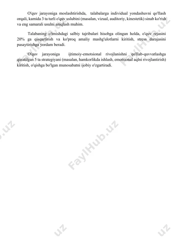 ashuvni qo'llash orqali, kamida 3 ta turli o'quv uslubini (masalan, vizual, auditoriy, kinestetik) sinab ko'rish va eng samarali usulni aniqlash muhim. talabaning o'tmishdagi salbiy tajribalari hisobga olingan holda, o'quv rejasini 20% ga qisqartirish va ko'proq amaliy mashg'ulotlarni kiritish, stress darajasini pasaytirishga yordam beradi. o'quv jarayoniga ijtimoiy-emotsional rivojlanishni qo'llab-quvvatlashga qaratilgan 5 ta strategiyani (masalan, hamkorlikda ishlash, emotsional aqlni rivojlantirish) kiritish, o'qishga bo'lgan munosabatni ijobiy o'zgartiradi. 📌xulosa qiyin sharoitda tarbiyalangan talabalarning psixologik rivojlanishi ularning kelajakdagi muvaffaqiyatiga sezilarli ta'sir ko'rsatadi. erta yordam va qo'llab-quvvatlash ularning moslashuvchanligini oshirib, salomat va samarali hayot kechirishiga yordam beradi. 📚foydalanilgan adabiyotlar 1. shukurova, g. (2020). qiyin sharoitda tarbiyalangan o'quvchilar bilan ishlashning psixologik jihatlari. pedagogika fanlari. (o'zbek tilida nashr etilgan) 2. xolmatova, d. (2018). noqulay oilalardan bo'lgan bolalarning psixologik rivojlanishi xususiyatlari. psixologiya va pedagogika masalalari. (o'zbek tilida nashr etilgan) 3. toshpo'latova, m