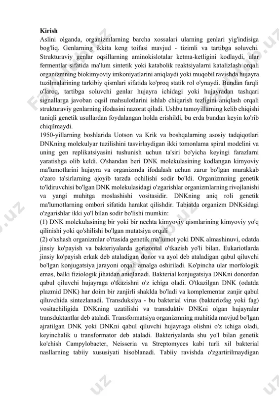 blot bu usul molekulyar biologiyada namunadagi ma'lum dnk ketma-ketligini aniqlash uchun ishlatiladi. bu agaroz jelida elektroforez bilan ajratilgan dnk bo'laklarini membrana filtriga o'tkazish va keyinchalik ulardagi dnk probidan ma'lum ketma-ketlikni u bilan gibridlash orqali aniqlashdan iborat.)) olinsa, dnk-praymer kompleksi ajratiladi va ketma-ketlik usullaridan biri yordamida dnk tuzilishi aniqlanadi. gen muhandisligi bo'yicha tajriba kirish. genetik muhandislik tadqiqotlarida ko'plab usullar qo'llaniladi. eng ko'p qo'llaniladiganlarga quyidagilar kiradi: 1) dnk izolyatsiyasi, uni kuchaytirish, fermentlar yordamida turli xil modifikatsiyalar, dnk nukleotidlar ketma-ketligini o'rnatish, ma'lum ketma-ketlikdagi dnkning kimyoviy sintezini amalga oshirish; 2) eukaryotik va prokaryotik hujayralardagi genlarni klonlash va aniqlash. dnkni izolyatsiya qilish, itsni amplifikatsiya va modifikatsiya qiluvchi fermentlar bilan ishlov berish. hujayradagi dnk miqdori juda kichik (har bir prokaryotik hujayraga bitta dnk molekulasi va eukaryotik hujayraga bir yoki ikkita xromosoma to'plami), ammo hujayralardagi dnk kimyoviy jihatdan ajratilishi, tahlil qilinishi va keyingi tadqiqotlarda ishlatilishi mumkin. qoida tariqasida, uzun dnk zanjirlari ish uchun ishlatilmaydi, lekin ular dnkni …