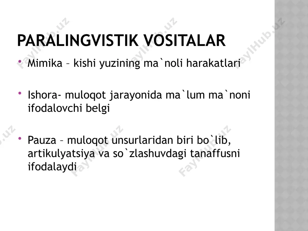 -bu termin mimika, ishora, boshqa gavda harakatlariga nisbatan qo`llanadi. sukut-noverbal vosita sifatida sukut – aloqa – aralashuvini yuzaga chiqarishda o`ziga xos shakl bo`lib, verbal va noverbal aloqaning o`rtasidagi punkt sanaladi-m.saidxonov. sukut kummunikativ akt tarkibida axborot uzatishda ahamiyatli unsur sifatida tahlil qilinmoqda. muloqot jarayonida kommunikantlarning biror holati, harakati yo'qki, ular "gapirmasa", "nimadir demasa". hattoki ularning sukut saqlashi ham "indamasdan indash"dir . s. v . krestinskiy image3.jpeg /docprops/thumbnail.jpeg