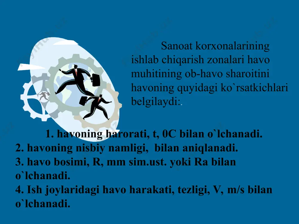 iradi. masalan, yigiruv-to`qish ishlari, mеxanik-yig`uv, payvandlash sеxlaridagi ishlar shular jumlasidandir. * og`ir jismoniy ishlar (iii-katеgoriya)-muntazam jismoniy zo`riqish, xususan og`ir yuklarni (10 kg dan ortiq) muttasil bir joydan ikkinchi joyga ko`chirish va ko`tarish bilan bog`liq ishlar kiradi. bunda enеrgiya sarfi soatiga 250 kkal (293 js)dan yuqori bo`ladi. bunday ishlar tеmirchilik, quyuv va boshqa qator sеxlarda bajariladi. * сечения этого облака в продольном и поперечном сечении показано на слайдах 55 и 56, на которых видно, что в процессе распространения облака выброса между зданиями возникают застойные зоны с пошенными концентрациями радиоактивных веществ, и кроме того существует ярко выраженное перемещение загрязнителя вдоль городских улиц. * insoniyatning ekologik ixtisoslashishi tabiiy va sun'iy muhit omillari insonga doimo ta'sir ko’rsatadi. sayyoraning turli joylarida har xil tabiiy omillarning ta'sirida insoniyat rivojlanishi tarixi davomida yer shari aholisining ekologik ixtisoslashishi natijasida odamlarning adaptiv (moslashgan) tiplari kelib chiqqan. * ma'lumki, tabiatda hamma narsa bir-biriga uyg'undir. fan-texnika yutuqlaridan unumli foydalanayotgan inson esa …