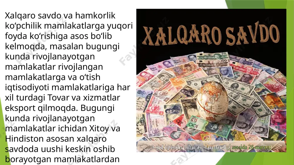 , alohida shaxslar ishtirok etadilar. bu davlatlar ixtisoslashuvni rivojlantirish, ularning resurslari samaradorligini oshirish va shu tariqa umumiy ishlab chiqarishni ko'paytirishi mumkin bo'lgan vositadir. bundan tashqari, muhim xususiyati tufayli geografik, siyosiy, milliy omillar, xalqaro savdo iqtisodiy va siyosiy xatarlar turli bo'ladi. zamonaviy xalqaro savdo dinamik xarakterga ega. dunyoning turli mamlakatlari va mintaqalari tovar aylanmasining eksport, import tarkibi va hajmi muttasil o'zgarib bormoqda. tahlil ikkinchi jahon urushidan keyin savdo aylanmasining juda tez o'sishini ko'rsatadi. turli vaqtlarda jahon savdosining turli xil nazariyalari paydo bo'ldi va rad etildi, ular biron bir tarzda ushbu hodisaning kelib chiqishini tushuntirishga, uning maqsadlari, qonunlari, afzalliklari va kamchiliklarini aniqlashga harakat qildilar. quyida xalqaro savdoning eng keng tarqalgan nazariyalari keltirilgan. merkantilistlar nazariyasining asoschilari tomas man va antuan montkretyen edi. protektsionistik siyosat merkantelizmga juda yaqin deb hisoblanadi. ushbu siyosat eksportni rag'batlantirish va importni cheklash va shu bilan mahalliy ishlab chiqaruvchilarni himoya qilishga qaratilgan. ushbu nazariya doirasida har bir davlatning asosiy maqsadi …