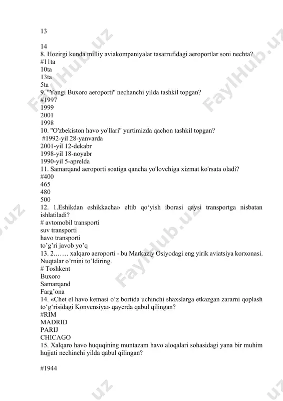an? #1944 1941 1940 1945 16. turistik mahsulotni shakillantirishda tashqi tashkilotlar xizmatlarining transport harajatlarining ulushi qancha? #25.7% 12.8% 24.5% 22.3% 17. "yangi urganch aeroporti" soatiga nechta yo'lovchiga xizmat ko'rsatadi? #300 200 400 18. avtobuslar qaysi belgisiga qarab ajratilgan? #tashish vazifasiga qarab hududiy belgiga qarab o' rinlar soniga ko'ra. qavatlari soniga garab. 19. turistik xizmat ko rsatishda foydalaniladigan avtomobil xizmati nechta asosiy yo'nalishni o'zida mujassamlashtiradi? # 3 ta 4 ta 2 ta 5 ta 20. icao 1944 yili chikagoda hukumatlararo tashkilot sifatida tuzilgan bo‘lib, bugungi kunda unga jahonning nechta mamlakati a’zo? #187 200 167 180 21. 1.ommaviy turizmga xizmat ko‘rsatish uchun mo‘ljallangan dengiz kruiz kemalari qancha yo‘lovchi sig‘adigan ko‘p palubali ulkan kemalardir? # 1700 dan 2600 tagacha 1900 dan 2900 tagacha 1800 dan 2800 tagacha 2000 dan 2000 tagacha 22. 2.bugungi kunda jahondagi eng katta (va qimmat) kruiz layneri 17 palubali gigant …………………. hisoblanadi. # «voyager of the seas» «voyager of …