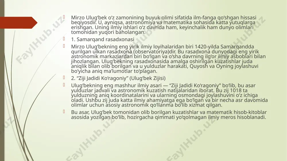 drasalar va ilmiy markazlarni tashkil etgan. ulugʻbek madrasasi ilmiy izlanishlar olib boriladigan muhim markazlardan biri bo‘lib, u yerda nafaqat diniy taʼlim, balki astronomiya, matematika, falsafa kabi ilmiy fanlar ham o‘qitilgan. bu madrasa o‘sha davrning yetuk olimlarini yetishtirishda katta rol o‘ynagan. 2. samarqandni ilm-fan markaziga aylantirishi mirzo ulugʻbekning homiyligi ostida samarqand ilm-fanning xalqaro markaziga aylandi. ko‘plab olimlar va mutafakkirlar samarqandga kelib, o‘z ilmiy izlanishlarini olib borganlar. ulugʻbek ilm-fanni rivojlantirish uchun sharoit yaratib bergan, olimlar uchun turli grantlar va mablag‘lar ajratgan. bu davrda samarqand shahrida matematika, astronomiya, tibbiyot kabi fanlar rivojlangan. 3. yirik olimlarni qoʻllab-quvvatlashi mirzo ulugʻbek o‘z zamonasining eng yetuk olimlari bilan yaqin hamkorlik qilgan va ularni qo‘llab-quvvatlagan. masalan, ali qushchi, gʻiyosiddin jamshid kabi olimlar ulugʻbek rasadxonasida va madrasalarida faoliyat yuritgan. ali qushchi, ulugʻbekning yaqin shogirdi bo‘lib, keyinchalik astronomiya va matematika sohasida yirik ilmiy kashfiyotlar qilgan. ulugʻbek ularning ilmiy izlanishlarini moddiy jihatdan taʼminlab, ularni rag‘batlantirgan. 4. ilmiy infratuzilma va rasadxona qurilishi …