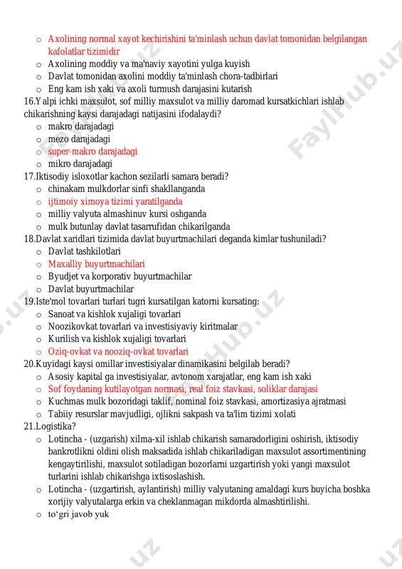siyaviy kiritmalar o kurilish va kishlok xujaligi tovarlari o oziq-ovkat va nooziq-ovkat tovarlari 20.kuyidagi kaysi omillar investisiyalar dinamikasini belgilab beradi? o asosiy kapital ga investisiyalar, avtonom xarajatlar, eng kam ish xaki o sof foydaning kutilayotgan normasi, real foiz stavkasi, soliklar darajasi o kuchmas mulk bozoridagi taklif, nominal foiz stavkasi, amortizasiya ajratmasi o tabiiy resurslar mavjudligi, ojlikni sakpash va ta'lim tizimi xolati 21.logistika ? o lotincha - (uzgarish) xilma-xil ishlab chikarish samaradorligini oshirish, iktisodiy bankrotlikni oldini olish maksadida ishlab chikariladigan maxsulot assortimentining kengaytirilishi, maxsulot sotiladigan bozorlarni uzgartirish yoki yangi maxsulot turlarini ishlab chikarishga ixtisoslashish. o lotincha - (uzgartirish, aylantirish) milliy valyutaning amaldagi kurs buyicha boshka xorijiy valyutalarga erkin va cheklanmagan mikdorda almashtirilishi. o toʻgri javob yuk o yunoncha - (xisoblash, muxokama sanati) inson faoliyatining u yoki bu soxasini moddiy-texnik taminlashni boshkarish tizimi. 22.2020 yildan pedagogik ta'limning b ta yunalishi buyicha ukish muddati nechi yil belgilandi? o 3 yil o 5 yil …