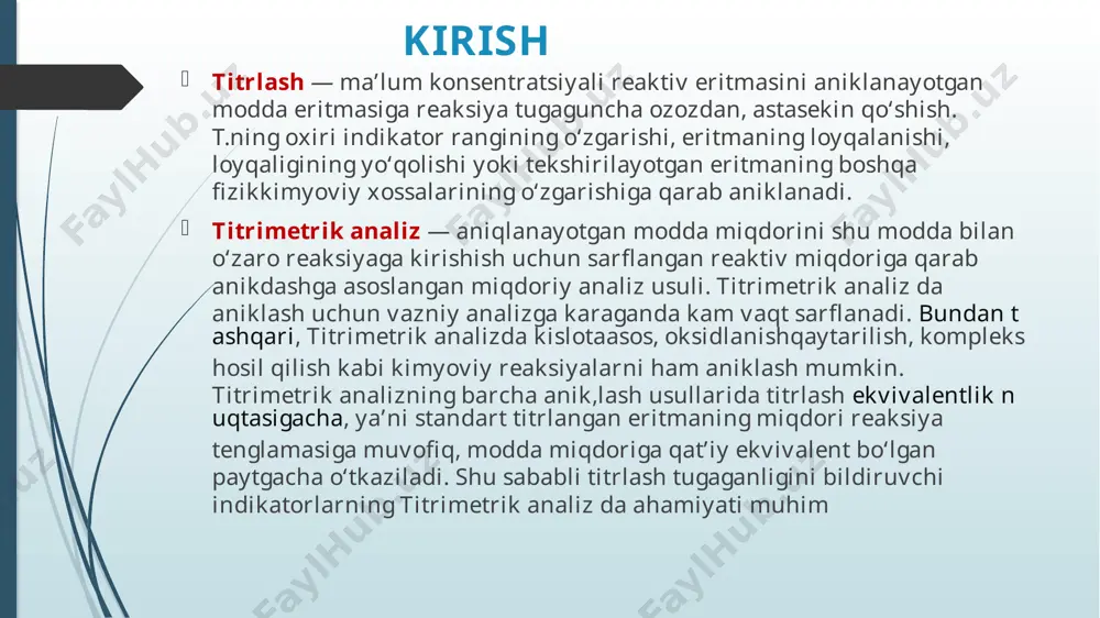 l-, br- ni aniqlashda qo’llaniladi. lekin bu usul j- va ncs- aniqlashga imkon bermaydi, chunki titrlash vaqtida agj va agncs cho’kmalari bilan birgalikda kaliy xromatni birgalashib cho’kishi sodir bo’ladi. 3. fayans usuli - galogenlarni kumush nitrat standart eritmasi bilan adsorbsion indikatorlar: fluoressein, eozin ishtirokida bevosita titrlash. usul xloridlar, bromidlar, yodidlar, sianidlar, tiotsianatlarni aniqlashga imkon beradi. 4. folgard usuli - nn4ncs yoki kncs eritmasi bilan indikator nh4fe(so4)2 ishtirokida kumush kationlari yoki ular qoldig’ini titrlash usulidir. ortiqcha kumush kationlarini teskari titrlash ammiak tiosiyanati nh4ncs yoki kaliy kncs bilan indikator - temir (iii) tuzlari, odatda yuqorida aytib o’tilganidek, temir-ammoniyli alum nh4fe (so4) 2 • 12n2o ni aniqlash uchun ishlatiladi. sn-, scn,- s2- ,co3-2-, cro42-, c2o42- aso43- va boshqa ba’zi holatlarda tahlilni odatdagi tajribada o’tkazish uchun, ma’lum bo’lgan ortiqcha suyultirilgan nitrat kislota, aniqlangan anionlarni o’z ichiga olgan tahlil qilingan eritmaga qo’shiladi. hiyometrik, standart eritma kumush nitrat va bir necha tomchi ko’rsatkich - temir-ammoniy alumining …
