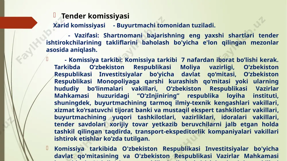 dan to‘lov summasi belgilanadi, tender qatnashuvchilarini tenderga qadar saralash uchun malaka tanlovi: - qayta tashkil etish, tugatilish yoki bankrotlik bosqichida bo‘lgan; - malakali tanlov uchun barcha zarur hujjatlarni belgilangan muddatda taqdim etmagan; - ilgari tuzilgan kontraktlar bo‘yicha qabul qilingan majburiyatlarni zarur darajada bajarmagan; - tender e’lon qilingunga qadar ta’sis etilganiga 6 oy bo‘lmagan; - buyurtmachi bilan sud yoki hakamlik muhokamasida ishi ko‘rib chiqilayotgan; - tijorat va moliya ko‘rsatkichlari bo‘yicha tender komissiyasining talablariga javob bermaydigan tashkilotlar va firmalarning tendyerlarda ishtirok etishlariga yo‘l qo‘yilmaydi. tender birinchi bosqichi: tender qatnashchilari tomonidan yuborilgan takliflar komissiya tomonidan ko’rib chiqiladi hamda qonun hujjatlariga mos ekanligi, to’g’ri rasmiylashtirilganligi ko’rib chiqiladi. taklifning texnik bazasi baholanadi va shu bosqichdan o’tgan qatnashchilar 2-bosqichga ishtirok etishadi. shu bilan birga birinchi bosqich g’olibi aniqlanib, bayonnomaga rasmiylashtiriladi. tenderning ikkinchi bosqichi: tenderning ikkinchi bosqichida takliflarning narxga oid qismi ochiladi va baholanadi. ikkinchi bosqich g’olibi aniqlanadi vabayonnomaga rasmiylashtiriladi. agarda takliflar komissiya tomonidan rad etilsa yoki …