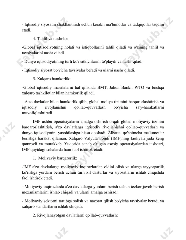 latlarning qarorlar qabul qilishga ta'sirini kuchaytirish va ularning fikrlarini hisobga olishni oshirish kerak. imf a'zo davlatlarning imf faoliyatidan xabardorligini oshirish va ularning ishtirokini rag'batlantirish kerak. imf kredit berish shartlarini qayta ko'rib chiqish va rivojlanayotgan davlatlar uchun ularni yanada yumshoqlashtirish kerak. imf qarzlarni kechirish siyosatini takomillashtirish va qashshoq davlatlarning qarz yukini kamaytirishga yordam berish kerak. imf o'zining moliya siyosatining global iqtisodiyotga ta'sirini o'rganish va uni takomillashtirish kerak. imf iqlim o'zgarishiga qarshi kurashda faol ishtirok etish va a'zo davlatlarga barqaror rivojlanishga qaratilgan siyosatlarni ishlab chiqishda yordam berish kerak. imf ekologik barqarorlikni ta'minlashga qaratilgan dasturlarni qo'llab-quvvatlash va a'zo davlatlarga ularni amalga oshirishda yordam berish kerak. imf iqlim o'zgarishining iqtisodiy oqibatlarini o'rganish va ularga qarshi kurashish bo'yicha tavsiyalar berish kerak. imf a'zo davlatlarga gender tengligini ta'minlashga qaratilgan siyosatlarni ishlab chiqishda yordam berish kerak. imf ayollarni iqtisodiy hayotga jalb qilish va ularning biznes faoliyatini qo'llab-quvvatlash uchun dasturlarni qo'llab-quvvatlash kerak. imf gender tengligiga qaratilgan loyihalarni moliyalashtirish …