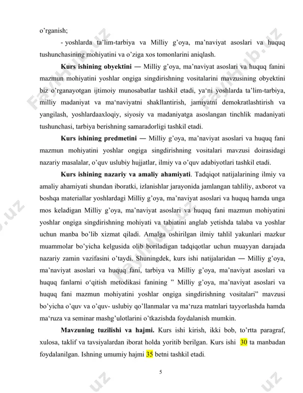 ishning turli metodlari 1.1. milliy g’oya, ma’naviyat asoslari va huquq fanini oʻqitishning oʻziga xos xususiyatlari. huquqiy demokratik davlat, erkin fuqarolik jamiyatiga dunyodagi ko‘pdan-ko‘p davlatlar necha asrlar davomida to‘plangan tajriba va demokratik an’analarni rivojlantirib yetib kelgan. biz bunday jamiyatni qurishga, barpo etishga intilmoqdamiz. lekin bu maqsadga erishish uchun tinimsiz intilish, jamiyat hayotining barcha sohalarini takomillashtirish, umuminsoniy qadriyatlarni ijodiy o‘rganib, o‘z zaminimizga tadbiq etishimiz lozim. shu bilan birga milliy o‘ziga xosligimizni, asrlar sinovidan o‘tgan an’analarimizni, hamisha iymon-e’tiqod bilan yashash kabi hayotiy tamoyillarimizni ham saqlab, yuksaltirib borishimiz zarur. shu o‘rinda g‘oya va mafkura nima degan savolga javob berib o‘tish kerak. g‘oya – inson tafakkurida vujudga keladigan, ijtimoiy xarakterga ega bo‘lgan, ruhiyatga ta’sir o‘tkazib, jamiyat va odamlarni harakatga chorlaydigan, maqsad-muddao sari etaklaydigan kuchli, teran fikr. inson ongining mahsuli sifatida g‘oyalar tushuncha va fikrlar yordamida ifoda etiladi. ammo har qanday fikr va qarash ham g‘oya bo‘la olmaydi. g`oyalar garchi tafakkurda paydo bo‘lsada, inson va jamiyat …