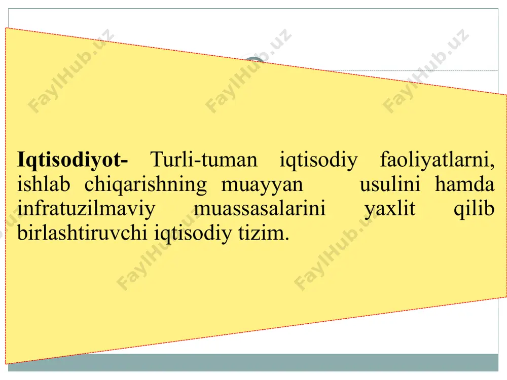 sodiyot nazariyasi fanining predmeti nima? bu fan asosan nimani tadqiq qilib, nimani o‘rganadi? – degan savolning yechimi juda murakkab bo‘lib, bu haqda o‘tmishda va hozirgi davrda turli fikrlar bildirib kelinmoqda. 12 iqtisodiyot nazariyasi fanining predmeti va vazifalari fanning predmeti- iqtisodiyot nazariyasi iqtisodiy resurslar cheklangan sharoitda jamiyatning cheksiz ehtiyojlarini qondirish maqsadida moddiy ne'matlarni (va xizmatlarni) ishlab chiqarish, taqsimlash, ayriboshlash va iste'mol qilish jarayonida vujudga keladigan iktisodiy munosabatlarni hamda ijtimoiy xo‘jalikni samarali yuritish qonun-qoidalarini o‘rganadi. iqtisodiy munosabatlar - bu moddiy va ma'naviy ne'matlarni takror ishlab chiqarish jarayonida kishilar o‘rtasida vujudga keladigan turli xil munosabatlardir. iqtisodiy jarayonlar: ishlab chiqarish, xizmat ko‘rsatish, taqsimlash, ayriboshlash, iste'mol va h.k iqtisodiy hodisalar: ishsizlik, inqiroz, inflyasiya, bandlik va hokazo. 13 iqtisodiy munosabatlarning aniq namoyon bo‘lish shakllari iqtisodiyot nazariyasi fanining maqsadi: cheklangan iqtisodiy rssurslardan foydalanishning turli muqobil variantlaridan eng samaralisini topish orqali jamiyatning cheksiz extiyojlarini to‘laroq qondirib borishning nazariy va amaliy muammolarini tadqiq qilishdan iborat. 15 iqtisodiyot nazariyasi fanining …