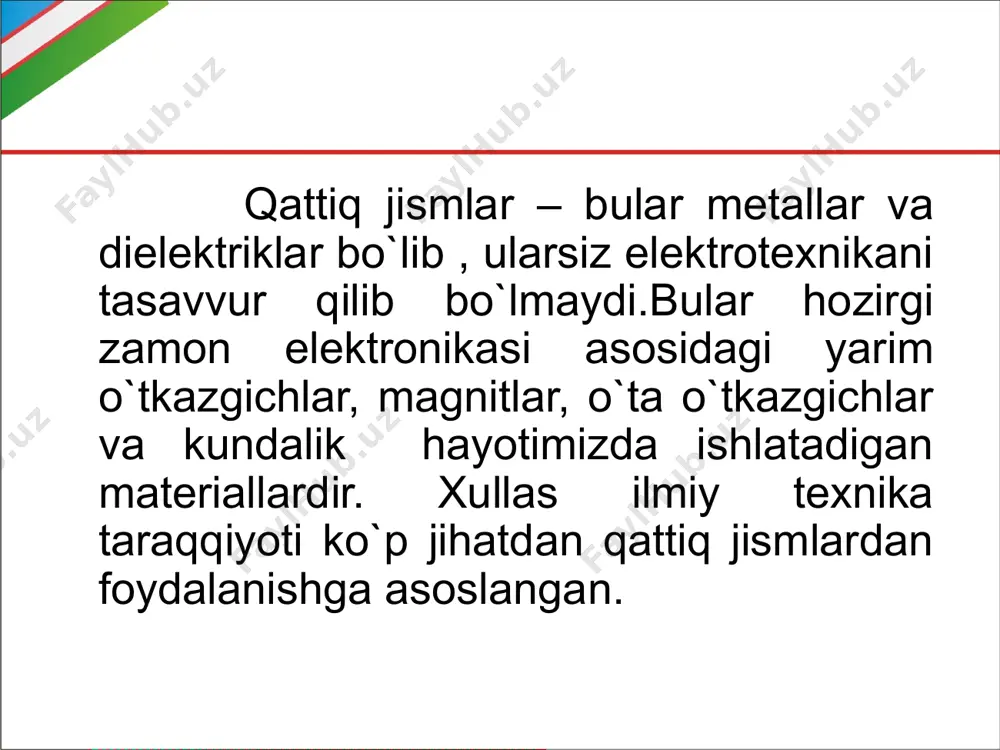 lda jismda yuz beradigan deformatsiya siljish deformatsiyasi deyiladi. bir uchi mahkamlangan sterjenga uni o`qiga perpendikulyar tekislikda juft kuch ta`sir etsa, bunda buralish deformatsiyasi hosil bo`ladi. bu deformatsiya kalit bilan gaykalarni burashda ro`y beradi. agar jismning ikki uchi ikkita tayachga qo`yib unga kuch ta`sir etilsa, jism ham egiladi. bunda jism egilish deformatsiyasiga uchraydi. jismga tashqi deformatsiyalovchi kuch ta’sir etganda atomlar (ionlar) orasidagi masofa o‘zgaradi. bu esa atomlarni (ionlarni) o‘zining dastlabki vaziyatiga qaytarishga intiluvchi ichki kuchlarni yuzaga keltiradi. bukuchlarning o‘lchovi mexanik kuchlanish (kuchlanish) deyiladi. cho‘zilish deformatsiyasiga nisbatan qo’llanilganda kuchlanishni ta’sir qilayotgan kuchning shu sterjen ko‘ndalang kesimiga nisbati sifatida ifodalash mumkin. = f / s . siljish deformatsiyasi uchun ta’sir qilayotgan kuchning kuchlanishi shu kuch urinma bo‘lib yo'nalgan jitomanning yuziga nisbati orqali ifodalanadi. bu holda urinma kuchlanish deyiladi: = f / s . ii. yopishqoq jismlar uchun guk qonuni: yopishqoq jismlarda nisbiy deformasiya nafaqat mexanik kuchlanishga, balki kuchning ta’sir etish vaqtiga ham bog’liq …