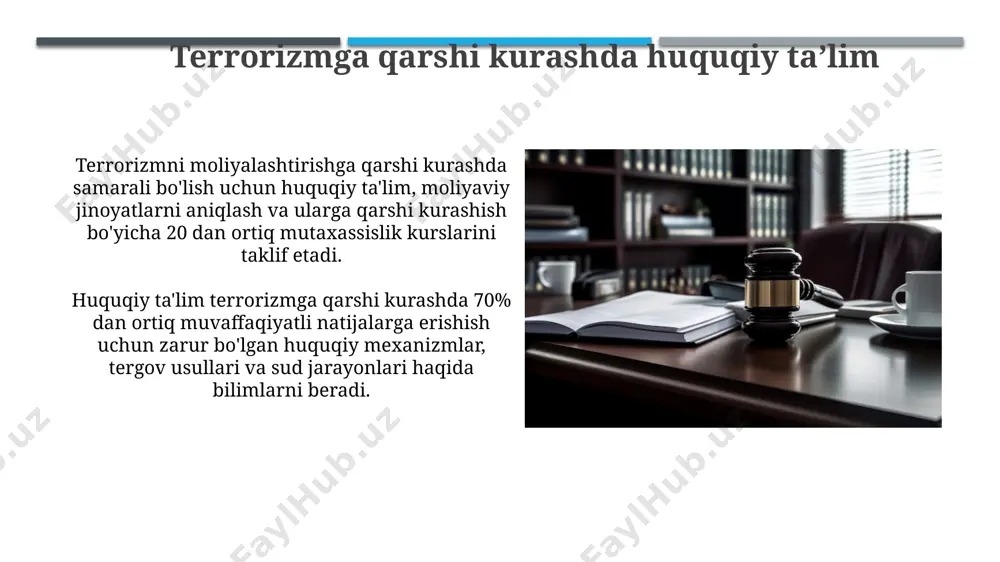 hirilayotgan loyihalar orqali, huquqiy bilimlar va amaliyotlarning bir xilligini ta’minlab, xalqaro hamkorlikni mustahkamlashga xizmat qiladi. xalqaro terrorizmga qarshi kurashda 100 dan ortiq davlatning huquqni muhofaza qilish idoralari o'rtasidagi hamkorlik orqali huquqiy ta’limning ahamiyati ortib bormoqda, bu esa jinoyatchilarni qo'lga olish va ularni sudga tortish samaradorligini oshiradi. huquqiy ta’lim va inson huquqlari huquqiy ta’limda inson huquqlari buzilishiga oid 100 dan ziyod real holatlar tahlili o‘tkazilib, talabalarga amaliy muammolarni hal qilish usullarini o‘rgatish orqali ularning professional tayyorgarligi yuksaltiladi. huquqiy ta’lim orqali inson huquqlari bo‘yicha 30 dan ortiq moddadan iborat xalqaro konvensiyalar va milliy qonun hujjatlari mazmuni chuqur o‘rganiladi, bu esa kelajakdagi yuristlarning huquqiy savodxonligini oshiradi. huquqiy ta’limning zamonaviy usullari o‘quv jarayoniga interaktiv platformalar va onlayn kurslarni joriy etish, 50 dan ortiq huquqiy mavzularni o‘zlashtirish imkoniyatini beradi va talabalarning mustaqil o‘rganishini rag‘batlantiradi. muqobil baholash usullari, jumladan, portfel baholash va hamkorlikda loyihalarni bajarish, talabalarning 70% da muammo hal qilish va kritik fikrlash ko‘nikmalarini rivojlantirishga …