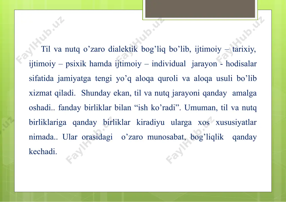 gidir. til va nutq dialektikasi quyidagi birliklar orqali namoyon bo’ladi. i. fonema. til birligi bo’lgan fonema fonologik sath ob‘ekti sifatida muayyan jihatlari bilan boshqa til birliklaridan ajralib turadi, nisbiy mustaqillikka ega bo’ladi. fonema tilning boshqa birliklariga nisbatan, aytilganidek, eng kichik (minimal) birligi bo’lib, til sistemasida (strukturasida) eng katta (maksimal) vazifa bajaradi. boshqacha aytganda, fonema hajm taqozosiga ko’ra minimal, ammo vazifasiga, “amaliga”, til strukturasida tutgan mavqeiga ko’ra tengi yo’q maksimal birlik hisoblanadi. aniqrog’i, fonema moddiy birlik-tovush sifatida tilni ham, uning qator birliklarini, shuningdek, nutq birliklarini ham “yaratadi”, “yasaydi”, ya‘ni u ushbu birliklarning moddiy ashyosi, qurilish materiali hisoblanadiki, fonemalarsiz-tovushlarsiz na til (nutq), na uning birliklari mavjud bo’ladi, muayyan vazifa bajaradi. demak, til birligi muammosini yoritish mantiqan fonemasiz (tovushsiz) uning xususiyatlarini aniqlamasdan amalga oshmaydi, to’liq, mukammal bo’lmaydi. bu–aksioma. shunday ekan, fonemaning o’ziga xosligi nimalarda ko’rinadi. bular: 1. fonema (tovush) tilning eng kichik qurilish materiali, moddiy birligi bo’lib, ta‘sir qilish, sezgi uyg’otish quvvatiga ega. …