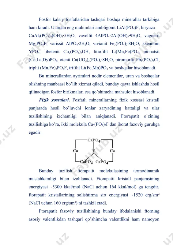 yosida yiliga 190 mln tonnagacha yoki p2o5 hisobida 43 mln tonnagacha ortdi. kelgusida fosfatli xomashyoga bo’lgan talab 2020 yilgacha 1,3 mln tonnaga, 2030 yilga qadar esa yana 2 mln tonnaga ortishi kutilmoqda. 2050 yilga yetib bu talab fosfat xomashyosi bo’yicha 220 mln tonnani yoki p2o5 bo’yicha esa 70 mln tonnani tashkil etadi. fosfatli rudalarning qidirib topilgan zaxirasi 70587,4 mln t p2o5 ni tashkil etadi, deb baholangan, shu jumladan 65328,4 mln tonnani fosforit va 5259 mln tonnani apatit rudalari tashkil etadi. butun dunyo miqyosidagi zaxiralardan 87% miqdori 10 ta mamlakat – aqsh, marokko, xitoy xalq respublikasi, rossiya federatsiyasi, meksika, qozog’iston respublikasi, peru, jar, g’arbiy saxroi kabir va tunis hissasiga to’g’ri keladi. turli mamlakatlarda qazib olinayotgan fosfatli xomashyolardagi p2o5 miqdori 21 dan 38,2% gacha chegarada o’zgaradi. dunyo miqyosida ishlab chiqarilayotgan fosfatli xomashyoning 67,7% yoki yiliga 10 mln tonnasi aqsh, marokko, xitoy xalq respublikasi va rossiya federatsiyasi hissasiga to’g’ri keladi. fosfatli xomashyo ishlab …
