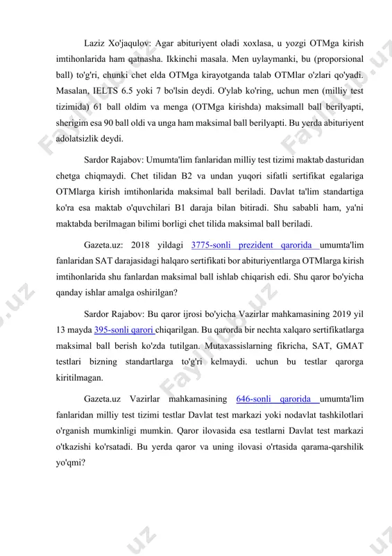 a, albatta, u tashkilotga ham registratsiya uchun ochiladi. bilimlarni ob'ektiv baholashning istiqbolli usullaridan biri test usuli bo'lib, u hozir qayta tug'ilishni boshdan kechirmoqda. bugungi kunda test bilimlarini nazorat qilishdan foydalanish pedagogika, matematik modellashtirish, matematik statistika, o'lchovlar va avtomatlashtirish kesishmasida jadal rivojlanayotgan sohadir. pedagogik test ilmiy ta'rif sifatida - bu o'qituvchini qiziqtiradigan bilim va boshqa shaxsiy xususiyatlarni ishonchli va asosli baholash imkonini beruvchi murakkablikni oshiradigan o'zaro bog'liq vazifalar to'plami. nazorat ostidagi ta’limning davomiyligiga qarab, pedagogik test nazorati joriy, mavzuli, bosqichli, yakuniy va yakuniy bo‘lishi mumkin. joriy nazorat dars oxirida yoki uy vazifasini bajarish paytida yangi materialni o'rgangandan so'ng darhol amalga oshiriladi. tematik nazorat dasturning muayyan mavzusini o'rganish natijalarini baholaydi. amaliy mashg'ulotlarda nazorat testlari shaklida yoki laboratoriya mashg'ulotlarida kompyuter nazorati dasturlari shaklida o'tkazilishi mumkin. olingan test natijalari fanni o'rganishga reyting yondashuvida ball ko'rinishida umumlashtirilishi mumkin. oraliq nazorat kurs dasturining asosiy bo'limlari bo'yicha bilimlarni baholaydi, u test kollokviumi shaklida o'tkazilishi mumkin. joriy, mavzuli …