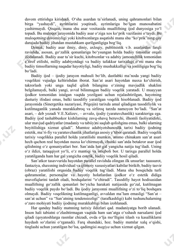 hki birliklarini tutashtirish barobarida shu tipdagi boshqa mualliflar asarlari bilan ham bog‘lanadi. bundan tashqari, asarni badiiy butunlikda tutib turuvchi muallif niyati, mavzu, g‘oya, muammo, muallif konsepsiyasi; timsollar olami, syujet, kompozitsiya, badiiy nutq va uning vositalari kabi bir qator komponentlar borki, ularning har biri badiiy asar muayyan estetik vazifani bajaradi. ulardan birining ifodasi sust yoki oqsoq bo‘lsa, tabiiyki, butun jonli organizm hisoblangan asar (matn)ning badiiyligiga putur etkazishi mumkin. shunday ekan, badiiy asar ijodiy mehnat mahsuli sifatida tushunilganda ham, badiiy muloqot vositasi sifatida idrok etilganda ham uning yaxlit jonli organizm ekanligini yoddan chiqarmaslik kerak. badiiy asar ijodiy muloqot vositasi sifatida muallif bilan kitobxonni yaqinlashtiradi, muayyan bir maqsad yo‘lida harakatga soladi. chunki muallifda ijodiy niyat paydo bo‘lishi bilan birga u o‘z o‘quvchisini ko‘z oldiga keltiradi, uning bilan xayoliy suhbatga kirishadi, nimanidir uqtirmoqchi bo‘ladi, xayoldagi kitobxon savollariga javob beradi v.h. kitobxon badiiy asarni o‘qish bilan ijodiy muloqotni davom ettirishga kirishadi. o‘sha asardan ta’sirlanadi, uning …