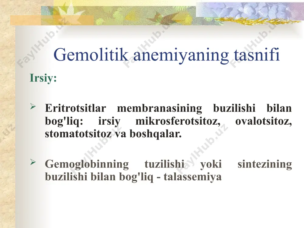 inuriya. laboratoriya belgilari: erkin hb tufayli gemoglobinemiya, gemoglobinuriya, gemosiderinuriya. davolashning taktikasi gemolizning turiga bog'liq: splenektomiya hujayra ichidagi gemoliz uchun ko'rsatiladi va tomir ichidagi gemoliz uchun ko'rsatilmaydi. gemolitik anemiyaning asosiy l lari aboratoriya belgilari retikulotsitoz (odatiy bo'yash, polikromatofiliya bilan) gaptoglobin kontsentratsiyasining oshishi erkinlik tufayli bilirubinemiya siydikda sterkobilinning ko'payishi eritrositlar morfologiyasining o'zgarishi (mikrosferotsitoz, ovalotsitoz, akantositoz), eritrositlardagi geynz tanachalari erkin hb tufayli gemoglobinuriya gemosiderinuriya eritrositlarda glyukoza-6-fosfat dehidrogenaza va boshqa fermentlarning etishmasligi eritrositlarning osmotik qarshiligining pasayishi irsiy mikrosferotsitoz - minkovski shoffar kasalligi eng keng tarqalgan gemolitik anemiya. patogenez - eritrotsitlar membranasi oqsilining tuzilishi buziladi, natriy ionlari o'tkazuvchanligi kuchayadi, hujayra, sferotsitlar, mikrosferotsitlar (diametri 4-6 mkm) osmotik shishiradi, hujayra ichidagi gemoliz. klinik ko'rinishlari: turli darajadagi anemiya, sariqlik, taloqning kattalashishi, o't pufagida tosh hosil bo'lish tendentsiyasi, ba'zan oyoqlarda trofik yaralar, xarakterli ko'rinishi - baland bosh suyagi, keng burun ko'prigi, baland tanglay, mikroftalmos. mikrosferotsitozning turli shakllarida klinik ko'rinish o'pkada - o'rtacha rangparlik, ikterik yoki subikterik sklera, kattalashgan taloq …