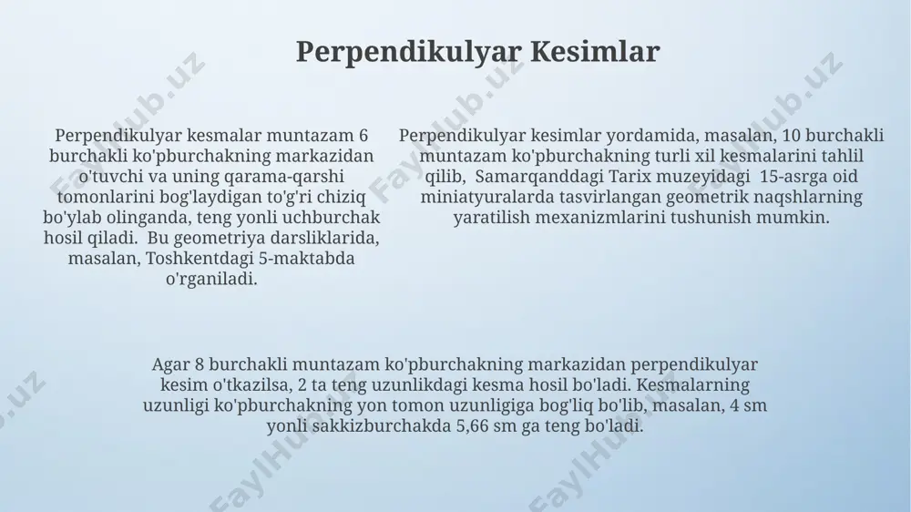 rchak shaklida bo'lishi mumkin. agar 8 burchakli muntazam sakkizburchakni markazidan o'tuvchi istalgan to'g'ri chiziq bilan kesib o'tsak, 2 ta teng uzunlikdagi kesma hosil bo'ladi, shuningdek, bu kesmaning uzunligi 8 ga teng bo'lsa, unda har bir qismi 4 ga teng bo'ladi. muntazam 12 burchakli dodekaedrning turli tekislikdagi kesimi natijasida 3, 4, 5 va 6 tomonli ko'pburchaklar, shuningdek, samarqanddagi tarixiy binolarning naqshlarida uchraydigan murakkab shakllar hosil bo'ladi. muntazam ko'pburchaklarning markaziy simmetriyasi muntazam ko'pburchaklarning markaziy simmetriyasi faqat juft tomonli ko'pburchaklar, masalan, to'rtburchak (4 tomon), oltiburchak (6 tomon) va hokazolarda kuzatiladi, bu esa 2 o'q bo'yicha simmetriyani samarkanddagi tarixiy binolarning naqsh va bezaklarida ko'rish mumkin. 8 tomonli muntazam sakkizburchakning markaziy simmetriya o'qlari soni 4 ta bo'lib, ular burchaklar va qarama-qarshi tomonlarning o'rtalaridan o'tadi, bu esa geometrik hisob-kitoblarni soddalashtirishga yordam beradi. toshkentdagi zamonaviy arxitekturada 12 tomonli muntazam o'n ikki burchakning markaziy simmetriyasi 6 ta simmetriya o'qi bilan ifodalanadi, bu esa binolarning muvozanatli va uyg'un ko'rinishini …
