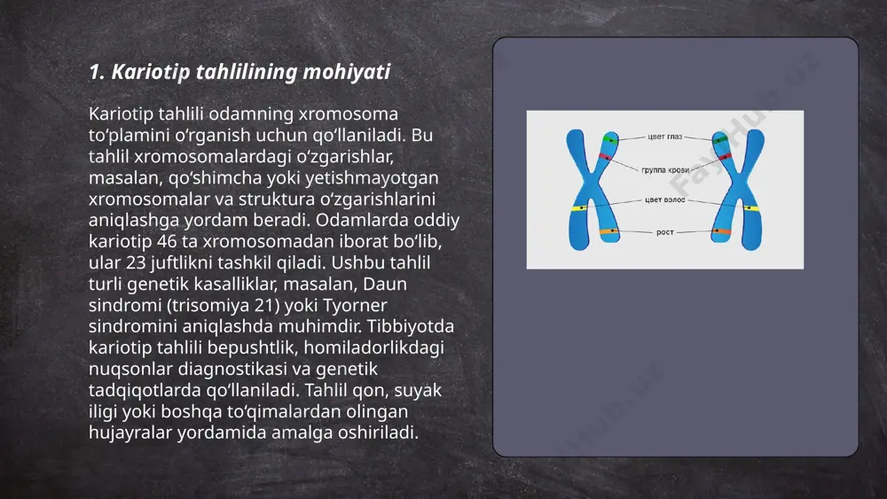 a muhim ahamiyatga ega. ... t.me/slaydai_bot 6. jinsiy xromatin aniqlashning ahamiyati juda muhimdir, chunki u jinsiy aniqlanish va genetik kasalliklarni tashxis qilishda qo'l keladi. jinsiy xromatin aniqlash, ayniqsa turner va klinefelter sindromlarini aniqlash uchun ishlatiladi. jinsiy xromatin testi orqali xx va xy jinsiy xromosoma turlarini ajratib olish mumkin. bu testning aniqligi yuqori bo'lib, bu orqali genetik muammolarni erta bosqichda aniqlash imkoniyati mavjud. bundan tashqari, jinsiy rivojlanish buzilishlarini aniqlashda ham jinsiy xromatin testi yordam beradi, bu esa tegishli davolash choralarni o'z vaqtida qo'llashga imkon yaratadi. ... t.me/slaydai_bot 7. nimfatin texnikasi nimfatin texnikasi bu uslub ko‘pincha raqamli dizayn va san’at sohalarida qo‘llaniladi. bu texnikada geometrik shakllar, ranglar va to‘rlar vositasida san’at asarlari yaratiladi. nimfatinning muhim jixatlaridan biri bu simmetriya va takrorlanishdir. ushbu uslubda yaratilgan asarlarning ko‘pligi bozor talabi tufayli ortib bormoqda. nimfatin uslubida ishlatiladigan afzalliklarga yuqori sifat, nafis dizayn va keng imkoniyatlar kiradi. o‘zbekiston bozorida nimfatin texnikasiga qiziqish so‘nggi yillarda 30% ga …
