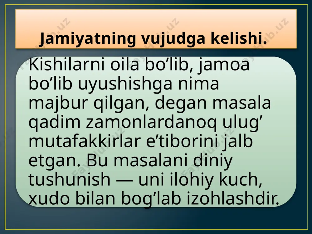 iladi. jamiyatlarning zamonaviy ko'rinishlari: 1)agrar jamiyatlar 2)industrial jamiyatlar 3)postindustrial jamiyatlar agrar jamiyatlarda iqtisodiyot qishloq xo'jaligiga asoslanadi,asosiy sosial institutlari armiya va cherkovlar (maschitlar) hisoblangan. industrial jamiyatlarda iqtisodiyot sanoat va ishlab chiqarishga asoslanadi,asosiy tashkilotlar koroporasiya va firmalar bo'lib,insonlar intiladigan qadriyat pul hisoblanadi. jamiyatni mulkdorlar boshqaradi. postindustrial jamiyatlarda barcha sohalarda etakchi kompyuter texnologiyalaridan keng ko'lamda foydalaniladi, asosiy tashkilotlari universitetlar bo'lib,asosiy qadriyat va insonlar intiladigan narsa bilim va malaka hisoblanadi.jamiyatni ziyoli va yuqori intellektual salohiyatga ega insonlar boshqaradi jamiyatlar siyosiy jihatdan avtoritar,totalitar va demokratik turlarga bo'linadi. hozirgi kunda jamiyatning quyidagi ko'rinishlari mavjud: 1. farovonlik (mo'l-ko'llik) jamiyati: – (ko'proq g'arbda; skandinaviya davlatini misol keltirish mumkin). 2. iste'mol qilish jamiyati (aqshda xx asr 40–50-yillarda yuzaga kelganligi bilan xarakterlanadi). 3. ochiq va yopiq jamiyat. ochiq jamiyat - demokratik jamiyat bo'lib, tashqi muhit sharoitlarida oson o'zgaruvchi va moslashuvchi, tanqidni yorib o'tmoqka moslashgan jamiyat. yopiq jamiyat – dogmatik-avtoritar rejim asosida bo'lib, sehrli (magik) tafakkur, dogmatizm va kollektivizm tamoyillari bilan …
