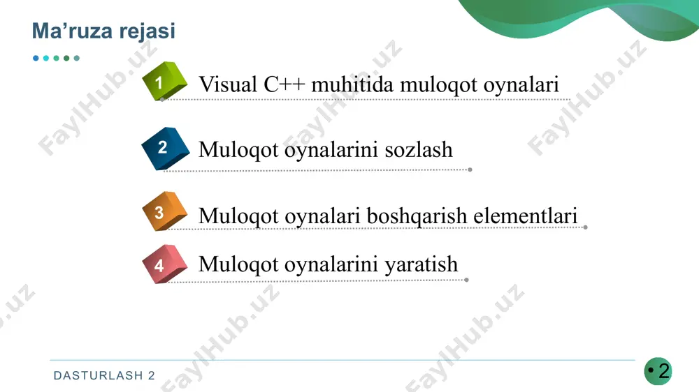 oqot oynalarini yaratish 4 visual c++ muhitida muloqot oynalari 1 muloqot oynalarini sozlash 2 muloqot oynalari boshqarish elementlari 3 dasturlash 2 2 3 visual c++ muhitida muloqot oynalari muloqot oynalari yaratish ularni maqsadlaridan kelib chiqqan holda amalga oshiriladi. quyidagi talablar bajarilganda oynalar muloqot oynasi bo’la oladi: 1.muloqot oynasining sarlavhasi bo‘lishi va unda faqat oynani yopish tugmasining bo‘lishi lozim, tizimli menyu va boshqa tugmalar bo‘lishi mumkin emas. istisno tariqasida ba’zi hollarda, yordam tugmasini joylashtirish mumkin. 2.muloqot oynasi teskari aloqaga mo‘ljallanganligi uchun, uni shartini bajarmasdan tizimning boshqa oynasiga o‘tish mumkin emas. 3.teskari aloqaning bir nesta turlarini amalga oshiruvchi tugmalar bo‘lishi kerak. dasturlash 2 4 visual c++ muhitida muloqot oynalari 4. muloqot oynalar asosiy oynadan har doim kichik bo’lishi shart. 5. muloqot oynaning asosiy maqsadi aniq keltirilishi kerak, yoki turi, nima munosabat uchun muloqot oynasi chiqqanligi 6. muloqot oynasidan boshqa muloqot oynasiga o’tish mumkin emas, asosiy oynaga o’tish lozim. 7. muloqot oyna murojaat …