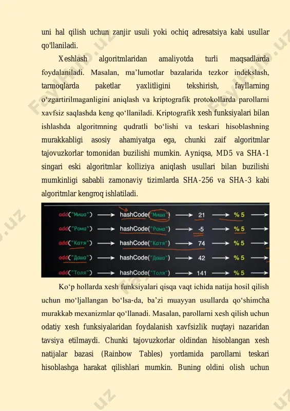 n bo‘lsa-da, ba’zi muayyan usullarda qo‘shimcha murakkab mexanizmlar qo‘llanadi. masalan, parollarni xesh qilish uchun odatiy xesh funksiyalaridan foydalanish xavfsizlik nuqtayi nazaridan tavsiya etilmaydi. chunki tajovuzkorlar oldindan hisoblangan xesh natijalar bazasi (rainbow tables) yordamida parollarni teskari hisoblashga harakat qilishlari mumkin. buning oldini olish uchun pbkdf2, bcrypt yoki argon2 kabi maxsus xesh funksiyalari qo‘llaniladi. ushbu funksiyalar har bir parol uchun unikal “salt” qo‘shib, hisoblash jarayonini sun’iy ravishda sekinlashtiradi va shunday qilib tajovuzkorlarning hujum qilish imkoniyatlarini cheklaydi. xesh funksiyalarining yana bir muhim qo‘llanilishi ma’lumotlarni tarqatilgan holda saqlash tizimlarida kuzatiladi. masalan, blokcheyn texnologiyalarida har bir blok oldingi blokning xesh qiymati bilan bog‘langan bo‘ladi va bu tizimning o‘zgartirib bo‘lmasligini ta’minlaydi. agar blok ma’lumotlari o‘zgartirilsa, uning xesh qiymati ham o‘zgaradi va bu butun zanjirning buzilishiga olib keladi. bu jihat xesh algoritmlarining axborot xavfsizligi va ma’lumotlarning yaxlitligini ta’minlashdagi o‘rni naqadar muhim ekanini ko‘rsatadi. xesh algoritmlarining yana bir afzalligi shundaki, ular ma’lumotlarni taqqoslash va autentifikatsiya qilish jarayonlarini tezlashtiradi. …