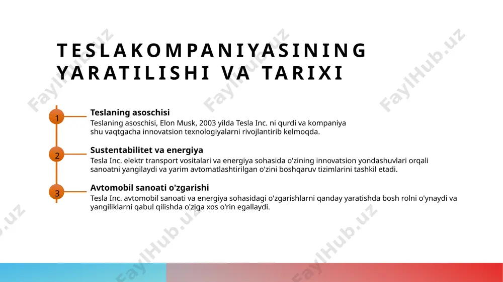 adi. xulosa 1 asosiy maqsadlar tesla inc.ning elektr transport vositalarini ishlab chiqarish va energiya sohasiga kiritilishi orqali o'z innovatsiyalari va yangiliklari bilan mustahkamlik bilan qamrab olgan bo'lib, sanoat sohasida o'rni katta; 2 muhim ta'sir elon musk rahbarlikida tesla inc. avtomobil sanoati bo'yicha o'ziga xos ta'siri hisoblanadi va kompaniya energiya sohasida ham muhim o'rin tutadi; 3 o'zaro aloqalar tesla inc.ning innovatsiyalari va yangiliklari avtomobil sanoati va energiya sohasini birlashtiradi va o'zaro ta'sirini kuchaytiradi, bu esa sanoat va energiya sohasidagi integratsiyani ko'rsatadi. e'tiboringiz uchun rahmat! image1.jpg image2.jpg image3.jpg /docprops/thumbnail.jpeg