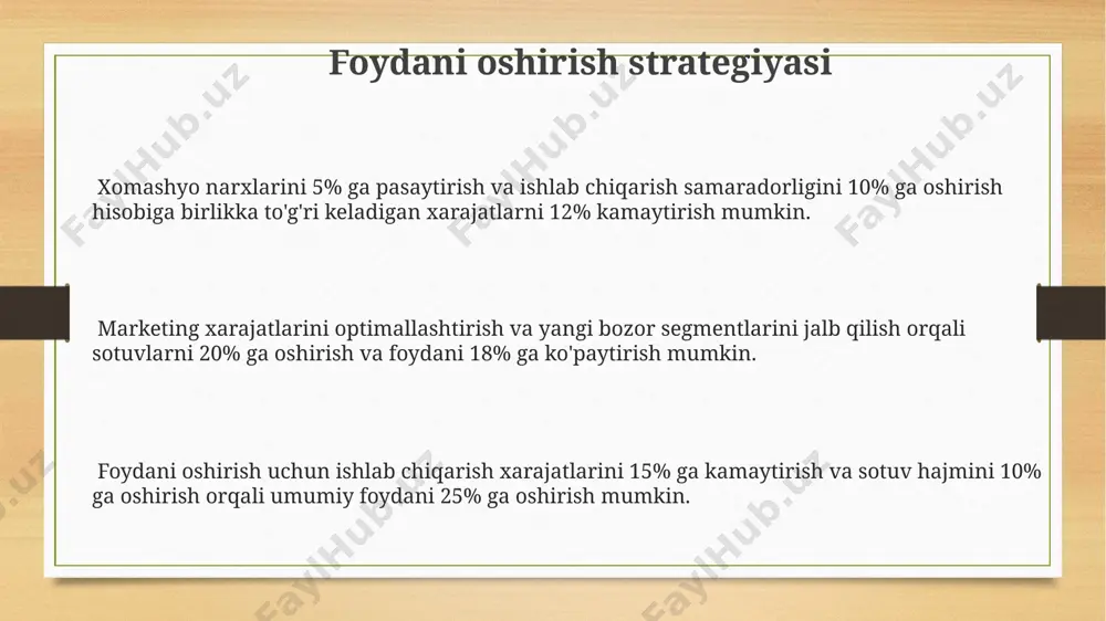 ga oshsa, o'zgaruvchan xarajatlar ham taxminan 50% ga o'sishi mumkin, ammo bu mutlaqo chiziqli bog'liqlik emas, ba'zi holatlarda miqyos iqtisodiyoti ta'sir ko'rsatishi mumkin. sof foyda mahsulotning bir dona sotish narxi 5000 so'm va o'z xarajatlari 3000 so'm bo'lsa, sof foyda har bir mahsulot uchun 2000 so'mni tashkil etadi, bu 40% sof foyda marjasini beradi. sof foyda, umumiy xarajatlar 100 million so'm bo'lganda va umumiy daromad 120 million so'mni tashkil etganda, 20 million so'mni tashkil etadi, bu 20% sof foyda marjasini bildiradi. sof foydaning aniqlanishiga to'g'ridan-to'g'ri va bilvosita xarajatlar, shu jumladan ish haqi, xom ashyo, marketing va boshqaruv xarajatlari ta'sir ko'rsatadi. 15% dan kam sof foyda past rentabellikni ko'rsatadi. xarajatlarni boshqarish tovar-moddiy zaxiralarni optimal darajada saqlash, yillik xarajatlarni o'rtacha 20% ga kamaytirishga yordam beradi va likvidlikni oshiradi. xarajatlarni 15% gacha kamaytirish, ishlab chiqarish hajmini 10% ga oshirish orqali birlik xarajatlarini 5% ga pasaytirishga olib keladi. ishlab chiqarish jarayonlarini avtomatlashtirish orqali mehnat …