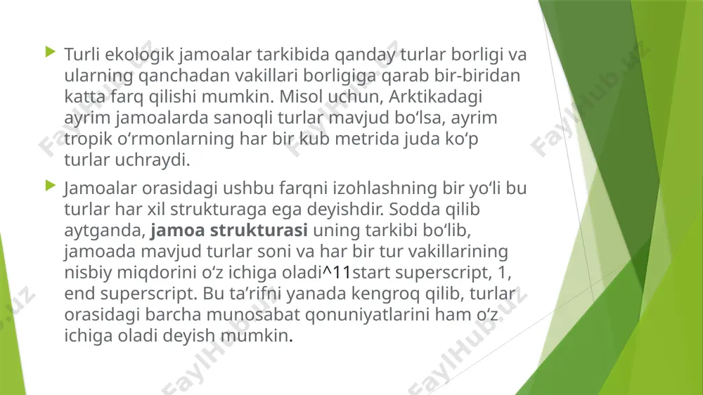 r xilmaxilligi bilan jamoalar barqarorligi oʻrtasida doim ham bogʻlanish kuzatilmaydi. ayrim hollarda jamoa va ekotizim barqarorligini taʼminlaydigan (turlar xilmaxilligidan tashqari) yanada muhimroq omillar mavjud^{5,6}5,6start superscript, 5, comma, 6, end superscript. jamoa tarkibining shakllanishiga qaysi omillar taʼsir qiladi? jamoaning strukturasi oʻzaro taʼsirlashuvchi koʻplab abiotik (jonsiz jismlar) va biotik (tirik organizmlar) omillar natijasidir. quyida jamoa strukturasiga taʼsir koʻrsatuvchi ayrim omillar keltirilgan: jamoa joylashuvining iqlimga bogʻliqligi. iltimos, tushuntirib bering jamoa joylashuvining geografiyaga bogʻliqligi. iltimos, tushuntirib bering muhitning geterogenligi (bir xil emasligi)^77start superscript, 7, end superscript. iltimos, tushuntirib bering tasodifiy voqealar yoki tabiiy ofatlarning uchrash tezligi. iltimos, tushuntirib bering organizmlar oʻrtasidagi munosabatlar. iltimos, tushuntirib bering jamoaning strukturasiga uning oʻtmishida boʻlib oʻtgan tasodifiy hodisalar ham taʼsir qilishi mumkin. misol uchun, maʼlum bir hududga bir dona urugʻ uchib kelib, oʻrnashib qolsa va u rivojlanib, maʼlum vaqtdan soʻng (oʻziga oʻxshash turlarni chetlashtirib) dominant turga aylanishi mumkin. agar bu urugʻ unib chiqmasa, boshqa unga oʻxshash biroz omadliroq tur …