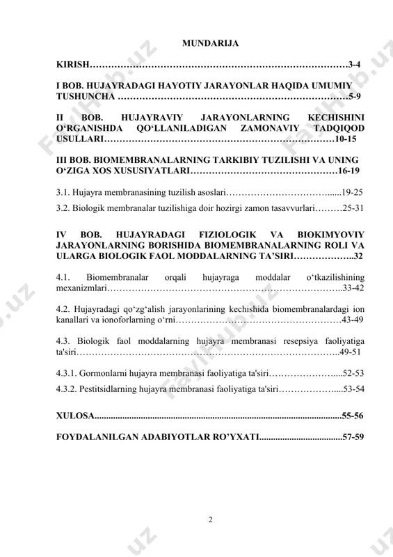 ro’yxati....................................57-59 kirish mavzuning dolzarbligi. hozirgi zamonaviy biologiya fanlari oldida turgan muammolar ichida hujayralar membranasidagi va unlardagi transport jarayonlarini, hamda ion kanallari mexanizmlarini o‘rganish muhimligi bilan ajralib turadi. biomembranalarni tadqiq qilinishi molekulyar va hujayra biologiyasida asosiy o‘rini egallaydi. biomembranalar lipidlar va oqsillardan tashkil topgan bo‘lib, hujayra ichki muhitini hujayralararo bo‘shliqdan chegaralaydi. membrana oqsillari tashqi muhit bilan hujayra o‘rtasida o‘za'ro ta'sirlashishda, shuningdek, qo‘shni hujayralar o‘rtasida ionlar, oziq moddalar transportida, signallar uzatilishi va energiya hosil bo‘lishida vositachi bo‘lib xizmat qiladi. shu bilan bir qatorda membranadagi transport jarayonlari hamda ion kanallari ko‘pgina hujayraviy jarayonlarning amalga oshishida, jumladan, hujayralarning qo‘zg‘aluvchanligida, muskullarning qisqaruvchanlik va bo‘shashuvchanligini amalga oshishida, mediatorlar va gormonlar sekretsiyasida va boshqa bir qator fiziologik jarayonlarda muhim o‘rin tutadi. shu sababli ushbu jarayonlarning buzilishi natijasida hujayralarning funksional faolligi buziladi. bu esa organizmda ayrim patologik holatlarning kelib chiqishiga hamda turli xildagi kasalliklarning rivojlanishiga turtki bo‘lishi mumkin. masalan, ba'zan ular funksiyasining buzilishi alsgeymer, parkinson, diabet, o‘sma, infarkt …