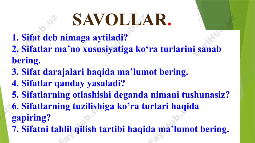 uruhlanish miqdorini ifodalaydi. sonning bu turi miqdor sonlarga -tadan qo‘shimchasini qo‘shish orqali yoki bir sonning takror qo‘llanishidan hosil bo‘ladi: ikkitadan, uchtadan, uchta-uchtadan, o‘nta-o‘ntadan kabi kasr sonlar butunning qismini, bo‘lagini ifodalaydi: yarim, chorak, nim chorak, to‘rtdan bir, ikki butun o‘ndan besh kabi. dona sonlar narsalarning yakkalab, donalab sanaladigan umumiy miqdorini bildiradi. miqdor sonlarga -ta qo‘shimchasini qo‘shish bilan hosil bo‘ladi: yuzta qo‘y, mingta daraxt, o‘n mingta daftar kabi chama sonlar shaxslar, narsalarning taxminiy, noaniq miqdorini bildiradi. u miqdor sonlarga -tacha, -larcha, -y,-аy qo‘shimchalaridan mosini qo‘shish yoki ikkita sonning o‘zaro teng juftlashib qo‘llanishidan hosil bo‘ladi: o‘ntacha talaba, yuztacha ishchi, mingtacha ko‘chat, minglab qushlar, besh-o‘nta daftar, bir-ikki og‘iz gap kabi jamlovchi sonlar shaxslar, narsalar miqdorini jamlab, umumlashtirib yoki ajratib ko‘rsatadi. ular miqdor sonlarga -ov, -avlon, -ala qo‘shimchalaridan tegishlisini qo‘shish bilan hosil bo‘ladi: ikkovi, uchovlon, to‘rtalasi, oltovlon, yettoviga kabi. tartib sonlar ham miqdor sonlarga -nchi, -inchi qo‘shimchalaridan mosini qo‘shish orqali hosil bo‘lib, narsalarning tartibini, joylashish …