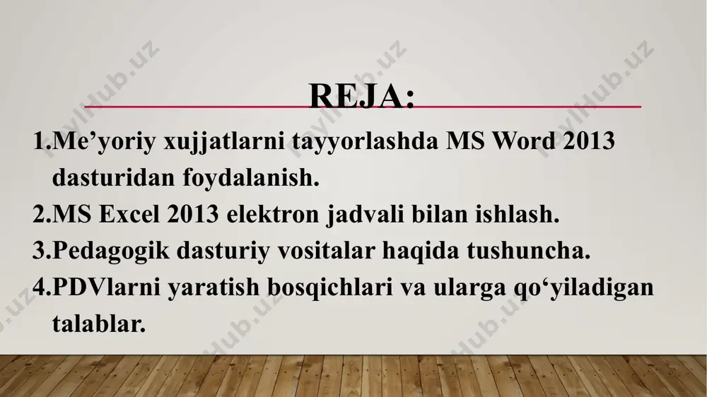 lab, sound recorder) jadvallar va ma’lumotlar bazalari bilan ishlovchi dasturlar. (microsoft excel, microsoft access, mysql, sql) pedagogik dasturiy vositalarga qo‘yiladigan talablar didaktik talablar psixologik talablar maxsus talablar ergonomik talablar tarmoq talablari estetik talablar texnik talablar metodik talablar didaktik talablarga quyidagilar kiradi: ilmiylik, tushunarlilik, mavzuning qat’iy va tizimli bayon etilishi, uzluksizlik va yaxlitlik, izchillik, muammolilik, ko‘rgazmalilik, faollashtirish, o‘qitish natijalarini o‘zlashtirish mustahkamliligi, muloqotning interfaolliligi, o‘qitish, tarbiyalash, rivojlantirish va amaliyotning yaxlit birligi. metodik talablarga quyidagilar kiradi: aniq o‘quv fanining o‘ziga xos xususiyatlarini hisobga olish, ma’lum bir faning o‘ziga xosligini hisobga olish, axborotni zamonaviy metodlari o‘zaro bog‘liqliligi, o‘zaro aloqadorliligi, turli-tumanligi, amalga oshirilishi. psixologik talablarga quyidagilar kiradi: idrok etish, tafakkur, diqqatning qat’iyligi, motivatsiya, xotira, tasavvuri, yoshi va individual psixologik xususiyatlarini hisobga olish kiradi. texnik talablarga quyidagilar kiradi: zamonaviy universal shaxsiy kompyuterlar, tashqi qurilmalari, test o‘tkaziladigan manbalar kiradi. maxsus talablarga quyidagilar kiradi: interfaollik, maqsadga yo‘nalganlik, mustaqillik va moslashuvchanlik, audiolashtirish, ko‘rgazmalilik, kirish nazorati, intellektual rivojlanish, differensiatsiyalash, kreativlik, …