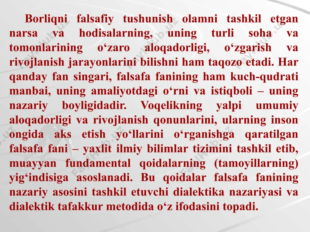 lar muayyan yetuklik darajasiga yetkach, o‘z ziddiga aylanadi: noto‘la to‘laga, egri to‘g‘riga, bo‘sh narsa to‘la narsaga aylanadi, eski yangi bilan almashadi. dialektika nemis klassik falsafasi doirasida va eng avvalo gegel falsafasida kuchli rivojlandi. agar antik dialektika aqliy farazlarga (masalan, dunyoning o‘zgaruvchanligi, ziddiyatliligi to‘g‘risidagi g‘oyalarga) asoslangan bo‘lsa, gegel dialektikasi asosan o‘z zamonasining ilmiy yutuqlariga tayandi va nazariy g‘oyalarning mukammal tizimi sifatida gavdalandi. gegel eng avval dialektikaning asosiy tushunchalarini – uning kategorial apparatini ta’riflab berdi, bu apparat bugungi kunda ham muvaffaqiyatli amal qilib turibdi. gegel dialektikasining asosiy tushunchalari va qonunlari tizimi aloqalar, o‘tishlar, o‘zgarishlarning turli-tumanligini va umuman rivojlanishni jarayon sifatida aks ettira olar edi. gegel birinchi bo‘lib taraqqiyotning asosiy qonunlarini: sifat va miqdor o‘zgarishlarining bir-biriga o‘tishi qonunini, qarama-qarshiliklarning birligi va kurashi qonunini, inkorni-inkor qonunini ta’riflab berdi. gegel dialektikaning asosiy prinsiplarini: hodisalarning universal aloqasi prinsipini, qarama-qarshiliklar birligi prinsipini, dialektik inkor orqali rivojlanish prinsipini dialektik tafakkur normasi sifatida ta’riflab berdi. falsafa tarixida dialektikaning turli …