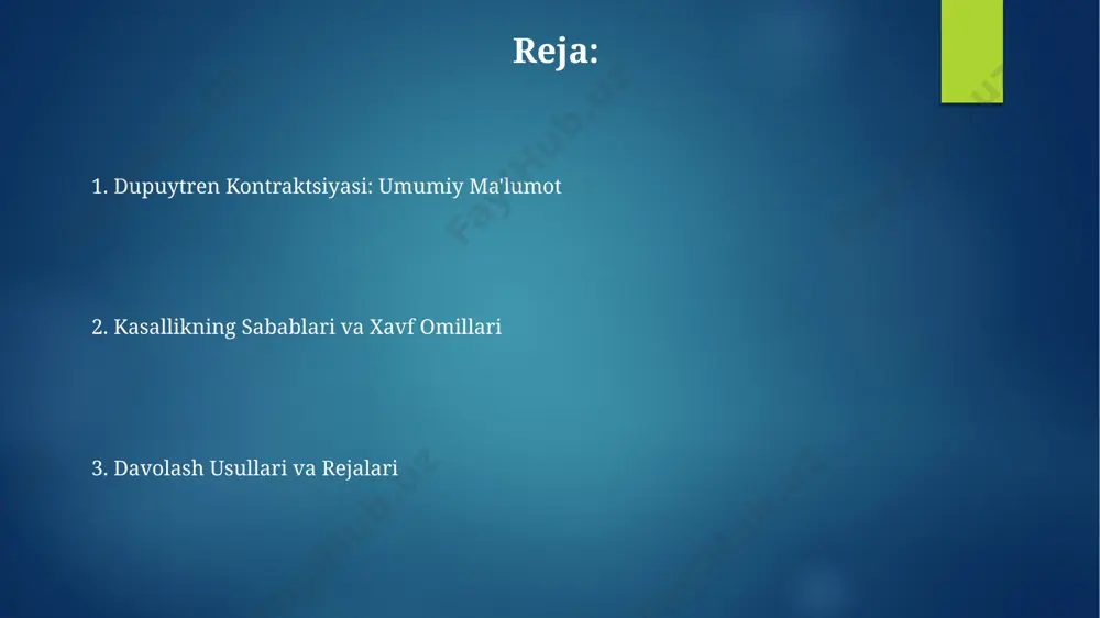 barmoqlarning cho'zish va harakatlantirish mashqlari, kasallikning dastlabki bosqichlarida og'riqni kamaytirish va qo'lning funksiyasini yaxshilash uchun samarqanddagi reabilitatsiya markazlarida taklif etiladi. konservativ davolash usullariga qo'lning harakatini cheklash uchun maxsus splinlar yoki shinalarni qo'llash, masalan, 2-3 oy davomida kunduzgi va tunlik foydalanish kiradi, bu esa dupuytren kontrakturalarining og'irlashuvini sekinlashtirishi mumkin. savol-javob dupuytren kontraktūrasini davolashda qoʻllaniladigan savol-javob preparati, 2023-yilda oʻzbekistondagi 5 ta yirik shifoxonada 150 dan ortiq bemorlarda sinovdan oʻtkazilib, ijobiy natijalar koʻrsatdi. savol-javob preparatining samaradorligi, qoʻllanilish uslubi va yon taʼsiri boʻyicha 2022-yilda toshkent tibbiyot akademiyasi tomonidan 30 betlik ilmiy maqola nashr etilgan. murakkabliklar dupuytren kontraktürasi murakkabligi jahon sog‘liqni saqlash tashkiloti ma’lumotlariga ko‘ra, 50 yoshdan oshgan erkaklar orasida 20% gacha tarqalgan bo‘lib, qo‘lning funksiyasini sezilarli darajada buzadi. qo‘l jarrohligida dupuytren kontraktürasi murakkabligi, ayniqsa, qaytalanuvchi holatlarda, 3-4 marta operatsiyaga ehtiyoj tug‘dirishi va bemorning hayotiy faoliyatiga salbiy ta’sir ko‘rsatishi mumkin. alomatlar va diagnostika qo'shimcha tekshiruv usullaridan, masalan, ultratovush tekshiruvi yoki magnit-rezonans tomografiyasi (mrt) yordamida, toshkentdagi …