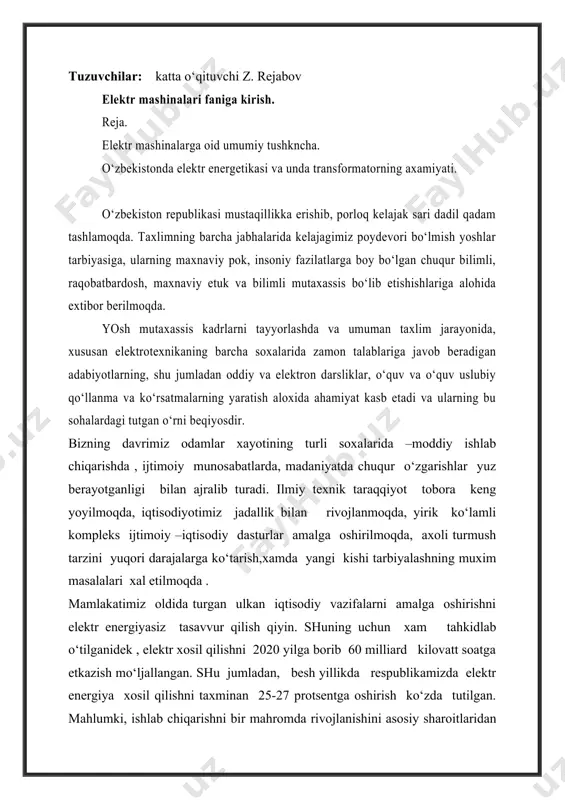 torning ixtirochisi rus elektrotexnigi m.o. dolivo-dobrovolg‘skiy bo‘ldi. 1895 yilda esa a.s.popov radiotelegrafni kashf etdi. keyinchalik olimlar tomonidan g.m.krijijanovskiy va s.i. vavilov raxbarligida elektrotexnika va energetika soxasida muxim ishlar amalga oshirildi. akademik s.i.vavilovning raxbarligi ostida yoritishning yuqori samarali turi-lyuminissent lampalar ishlab chiqildi. akademik v.f.mitkevich elektromagnetizm nazariyasini va elektrotexnikaning fizik asosini rivojlanishiga katta xissa qo‘shdi. elektr energiyaning sifati deganimizda nimani tushunamiz? elektr energiya har qanday ishlab chiqarilgan mahsulot kabi xarakterli muhim iste’mol xususiyatlariga, ya’ni o‘zining sifat ko‘rsatkichlariga ega. elektr energiyaning davlat standartlari bilan belgilangan bir necha sifat ko‘rsatkichlari mavjuddir. kuchlanishning sifati. iste’molchiga uzatilayotgan elektr energiya kuchlanishining qiymati katta ahamiyatga egadir. elektr tarmog‘ida yuklanishning o‘zgarishi kuchlanishning o‘zgarishiga olib keladi. odatda tungi vaqtda tarmoqda yuklanishning kamayishi natijasida kuchlanishning qiymati oshadi va ba’zida ruxsat etilgan qiymatidan ham oshib ketishi mumkin. kuchlanishning oshishi elektr energiya iste’molchi elektr qurilmalari ishlash muddatlarining kamayishiga olib keladi (ayniqsa, cho‘g‘lanma elektr lampalar bundan ko‘p zarar ko‘radi). kuchlanishning pasayishi elektr motorlarning aylanish …