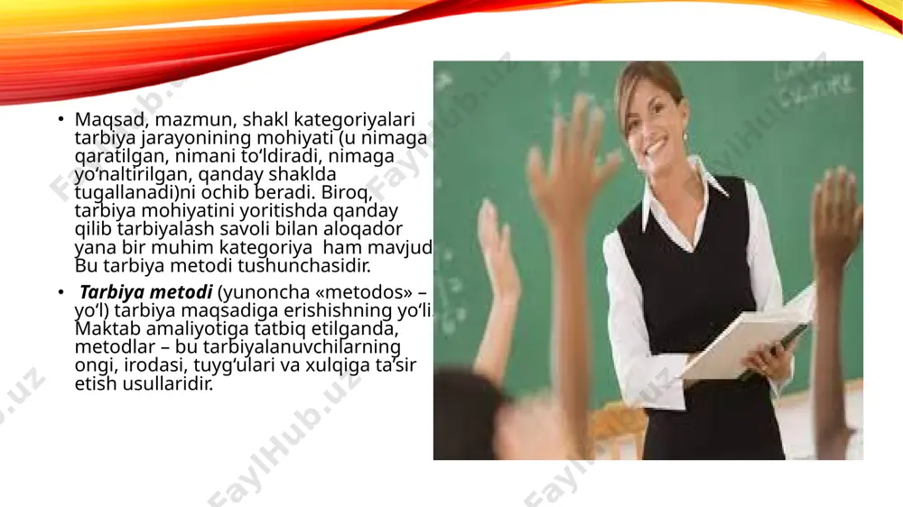 i sifatida yuzaga chiqadigan tarbiya vositalaridan tashkil topadi. metodlar ular bilan mustahkam bog‘langan va birgalikda qullaniladigan boshqa tarbiya vositalari ham mavjud. masalan, metodlarni samarali qo‘llanilishi uchun zaruriy yordam beruvchi ko‘rgazmali qo‘llanmalar, tasviriy san’at asarlari va musiqa san’ati, ommaviy axborot vositalari. tarbiyaning maqsad va vazifalari. maqsad nafaqat metodlarni oqlaydi, balki ularni aniqlab beradi. maqsad qanday bo‘lsa, unga erishish metodlari unga muvofiq bo‘lishi zarur. tarbiyalanuvchilarning individual o‘ziga xosliklari. umumiy metodlar, umumiy dasturlarning o‘zi tarbiyaviy o‘zaro ta’sir etishning asosi bo‘la olmaydi. ularni indivudual va shaxsiy tuzatish zarur. insonparvar pedagog har bir shaxs o‘ziga xosligini rivojlanishiga, o‘ziga xosligini saqlashga, o‘zining «men»ini amalga oshirishiga imkon beradigan metodlarni qo‘llashga harakat qiladi. 3. tarbiya metodlarining tasnifi zamonaviy pedagogikada ba’zilari amaliy vazifalarni hal etishga, ba’zilari faqat nazariy vazifalarni o‘zida aks ettiradigan o‘nlab tarbiya tasniflari mavjud. metodlar o‘ziga xos xarakteriga ko‘ra ishontirish, mashq, rag‘batlantirish va tanbeh berishga bo‘linadi (n.i. boldыrev, n.k. goncharov, f.f. korolev va boshqalar). mazkur holatda metodning …