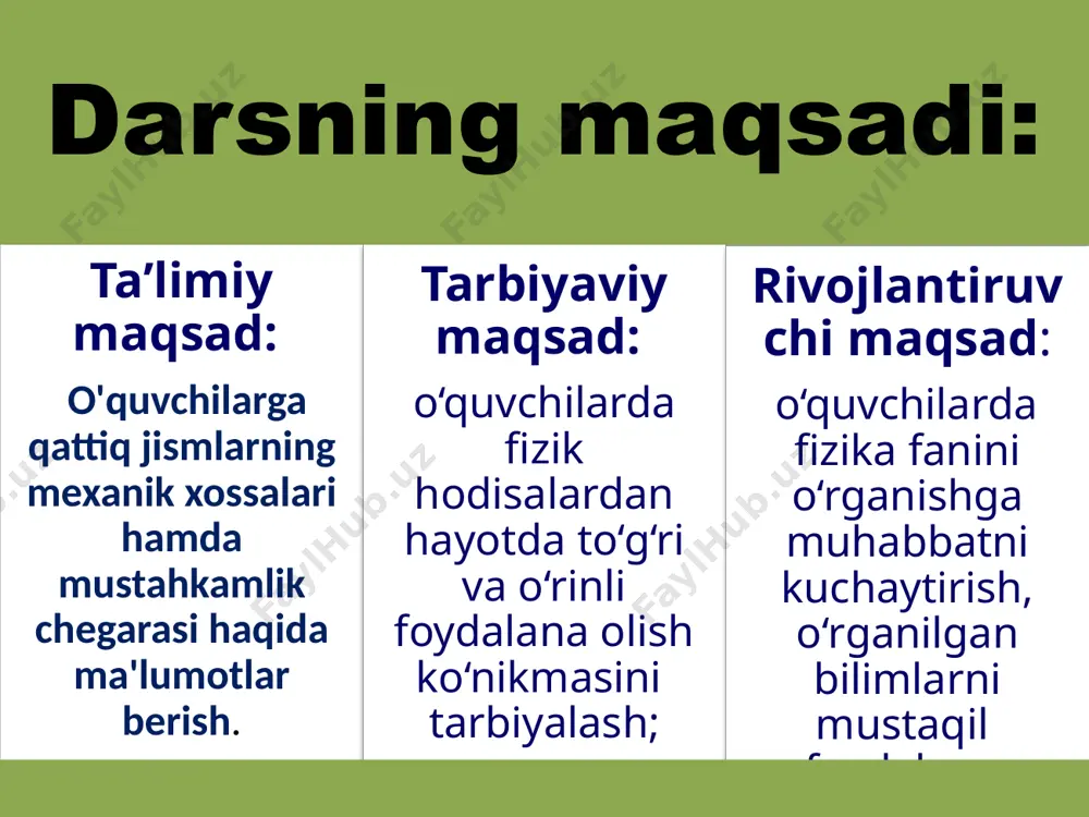 ing mexanik xossalari . . . . 26 darslikdagi masala yechish namunasi o'quvchilar bilan birgalikda tahlil qilinadi. so'ngra quyidagi masala yechiladi: masala. diametri 2 sm bo'lgan simga 10 kg yuk osilgan bo'lsa, mexanik kuchlanish necha kpa bo'ladi? berilganr.d = 2 sm = 2·10-2 m; m = 10 kg; g = 10 m/s2. topish kerak: σ - ? formulasi: σ = f/s = mg/(πd2/4) = 4 mg/πd2. hisoblash σ = 4·10·10/(3,14·4·10-4) pa = 3,2·10 -3 pa = 3,2 kpa. javob: σ = 3,2 kpa. shundan so'ng o'quvchilarni kichik guruhlarga bo'lib, ularga quyidagi topshiriq va masalalar beriladi: i guruhga: 1. deformatsiya va uning turlari. 2. ko'ndalang kesimi 2 sm2 bo'lgan po'lat tayoqchaga og'irligi 30 kn bo'lgan yuk osilgan. tayoqchaning mexanik kuchlanishi topilsin. guruhga: 1. absolut va nisbiy uzayish. 2. uzunligi 1 m, ko'ndalang kesimi 80 sm2 bo'lgan balka uchlariga uzunligi bo'yicha 5 kn dan kuch qo'yilganda 5 mm ga qisqardi. nisbiy qisqarish …