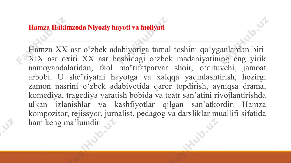 vvar qorini «muhtaram ustozi oliy», «ma’naviy ota», deb atadi. hamza adabiy merosi hamza dramalari o‘zbek adabiyotiga yangilik bo‘lib kirdi. «zaharli hayot yoxud ishq qurbonlari» asari rosmana fojia, ya’ni tragediyadir. u «istibdod qurbonlari» («loshmon fojialari» trilogiyasining uchinchi qismi, qolganlari topilganicha yo‘q) asarida istibdod to‘g‘risida so‘zlab, rus chinovniklarini qahr-g‘azab bilan fosh etadi va aytish mumkinki, bu davr o‘zbek adabiyotida rus chorizmini hamzadek fosh qilgan yozuvchi bo‘lmasa kerak. o‘zbek adabiyotida haqiqiy ma’nodagi komediya janrining tug‘ilishi va rivoji ham hamza nomi bilan bog‘liq. hamza «asari bilan o‘zbek adabiy “maysaraning ishi” («burungi qozilar yoki maysaraning ishi») otida komediya janriga asos soldi. hamza komediyalari, eng avvalo, o‘zbek xalq ijodi — xalq qo‘g‘irchoq teatri, askiyachilik va nasriddin afandi latifalari, shuningdek, xalqning hazil-hajviy ertaklari zaminida tug‘ildi. shuning uchun komediyalarida xalq ijodi an’analarining salmog‘i katta. ijodiy ishlari: “devon” (1905-14) “ramazon” (1914) “yangi baxt” (1915) “zaharlangan hayot” (1916) “xushbo‘y atirgul” (1919) “boy ila xizmatchi” “maysaraning ishi” (1926) “paranjining sirlari” (1927) …