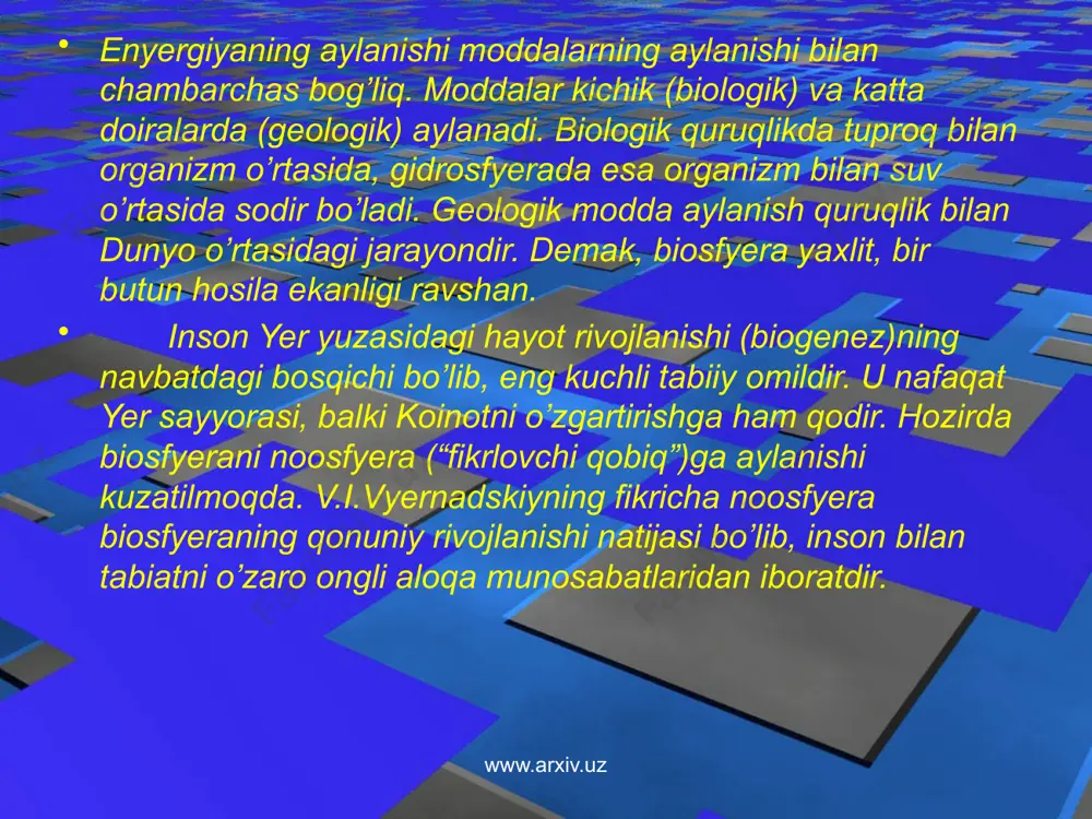 qandaydir elementlar majmuasini bildirmaydi. elementlarning o’zaro bog’liqligi (har bir element hech bo’lmaganda bitta element bilan) muhim va ular bir butunlikni tashkil etadi. murakkab tizimlarda esa ular o’zaro bog’langan sathlarga bo’lingan. www.arxiv.uz www.arxiv.uz umumiy holda tizimlarni tashkil topishi deganda, uning elementlar tarkibi (komponentlari), tuzilishi (uning elementlari va satxlari o’rtasidagi munosabatlar yig’indisi), boshqaruv tizimi tuzilishi bilan mos holdagi faoliyati tushuniladi (masalan, organizmning asab markazi, ekotizimlarda konsumentlar va boshq.) www.arxiv.uz ekotizim tashkil topishining muhim farqli xususiyati, unda tirik organizmlarning bevosita (yoki bilvosita) ishtirok etishidir. tirik organizm singari har qanday ekotizim boshlanishiga (tug’ilish), yashash davriga (faoliyat) va tugashi (ekotizim parchalanishi, ekotsid) ga ega. yuqorida qayd etilganidek, ekotizimlar ierarxik tashkil topish xususiyatiga ega, ya‘ni uning ayrim elementlari qaralayotgan tizimning quyi va yuqori tartibini bildiradi. bu yerda shuni qayd etish lozimki, hozirgi vaqtda ko’pgina fanlar va olimlar tomonidan absolyut deb olingan dunyo modeli rad etilmokda. ushbu modelning o’rniga tizim sathlarining ierarxik tuzilishi qo’llanilmoqda. yu.a.kosigin (1971) moddalar …