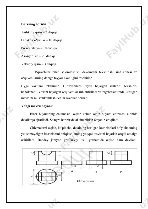 chapdan ko'rinishida markaziy o'qi orqali bosh ko'rinishdagi kabi shtrix chiziqda chizib qo'yiladi (26.3-chizma, a, b, d). chizmani o'qish jarayoni chizmachilikni yaxshi o'rganishga yordam bera-di. fazoviy tasavvurni yaxshi o'stirishga va chizmalardagi barcha shartliliklarni to'laroq o'zlashtirishga imkoniyat yaratadi va o'quvchi tomonidan chizmani tez o'qiy olish qobiliyatini o'stiradi. o`quvchilarning amaliy ishlari taxlil kilinib rag`batlantiriladi. darsni yakunlash: dars kelib qolingan bosqichda to‘xtatilib, yaxshi chizgan o‘quvchilar yana bir ruhlantiriladi. uyga vazifa berish: dars paytida chizilgan rasmini oxirigacha yakunlash, undan tashqari ijodiy yondoshgan holda tabiat manzarasini chizish. yakuniy qism: o‘quvchilarga dars tugagani aytilib, xayrlashiladi. namuna 26.4-chizmada berilgan detallardan bittasining ko'rinishini berilgan o'lchamlarda, masshtabga rioya qilgan holda ko'chirib chizing va uchinchi ko'rinishini toping. konusni qizil, silindrni ko'k, prizmani yashil, sharni sariq, piramidani pushti rangga bo'yang. image6.png image1.png image2.png image3.png image4.png image5.png