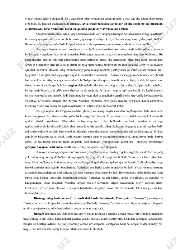 uyg‘ular odamda o‘ziga xos indikator vazifasini bajaradi. bizning kayfiyatimiz atrof muhitdagi narsa va hodisalarga (voqealarga) qanday munosabatda bo‘lishimizga qarab o‘zgarib turadi. buning yordamida odamning ichki dunyo manzarasini tushunib olish mumkin. turli xil odamlarning bir ayanchli voqeaga nisbatan bo‘lgan hissiy kechinmalarini psixologlar tahlil qilishgan. televizorda davlat poytaxtining qoq markazida shu davlat tanklari odamlar yashayotgan binoga o‘q uzadi. ayni paytda ba’zi odamlar darg‘azab bo‘lib, ularning yuzlari nafratga to‘lgan va vahimaga tushgan bo‘lsa, boshqa odamlar chehrasida yaqqol qiziqish ifodalangan. bundan shu narsa ayonki, har xil odamlarda begona odam hayotining qimmati har xil ahamiyatga ega. agar bir xil voqeaga bir odam hamdard bo‘lsa, boshqasi hursand bo‘ladi, uchinchisi esa mutloqo befarq bo‘ladi. tashqi dunyo voqealariga bo‘lgan munosabat odam ichki dunyosining ko‘zgusidir. odamning ichki dunyosini tushunish barcha psixologik maktablarning qiziqishini uyg‘otib kelgan. bu muammo hamma vaqt qiyin echilgan. odamning ichki dunyosi qanday shakllanadi, oilaviy muhitga, atrof-muhitdagi voqealarga, jamiyatga qay darajada bog‘liq? odam o‘z his-tuyg‘ularini tahlil qila …