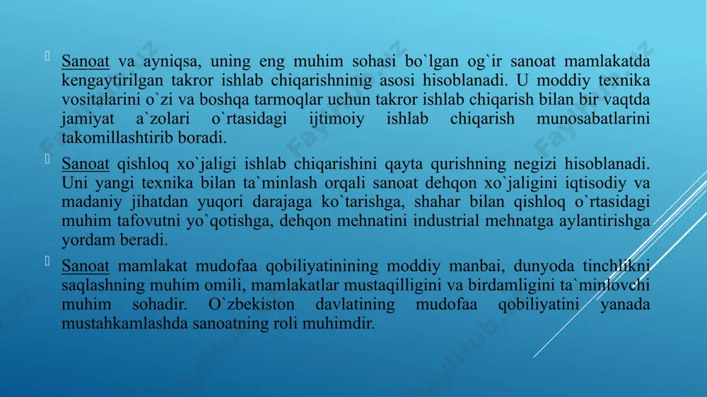 nlash lozim. bir butun qismlarning muayyan o`zaro aloqasi, bir biriga nisbatan joylashuvi bo`lgan strukturaning ahvolini proportsiyalar (mutanosibliklar) juda ham aniq va konkret tarzda ifodalaydi. iqtisodiy jarayonlarning mohiyatini chuqur bilib olish va ularni rejalar, prognozlar va loyihalarda tatbiq etish, ijtimoiy va shaxsiy iste`molni, fan-texnika taraqqiyotining, milliy iqtisodning tegishli ishlab chiqarishlari va tarmoqlari rivoji istiqbollarini sinchkovlik bilan hisobga olish, rejalarni zarur rezervlar bilan mustahkamlash – ana shularning hammasi rejalashtirish texnologiyasining eng muhim tarkibiy, tuzilmaviy qismlari bo`lib, ularga qat`iy rioya qilish vazifalarining proportsionalligi, balanslashtirilganligi, realligi, qo`yilgan maqsadlarga erishishdagi ishonchliligi, ta`sirchanligining shartidir. o`zbekiston davlatining iqtisodiy strategiyasida xalq xo`jaligi strukturasini takomillashtirish, uning tarmoqlarini rivojlantirish yuzasidan muhim topshiriqlar hamda bu tarmoqlarning marralari batafsil belgilab berilgan. takror ishlab chiqarishning hozirgi sharoitlarida iqtisodiy o`sish iqtisodiyot ko`lamining o`sishi bilangina emas, balki iste`molda ham, ishlab chiqarishda ham strukturaviy siljishlar, ularning tezligi va samaradorligi bilan aniqlanadi. strukturani aniqlovchi siyosatni shakllantirish iqtisodiyotdagi strukturaviy o`zgarishlarni sifat jihatdan baholashni aniqlashning printsipial xususiyati iqtisodiyotning o`sish …