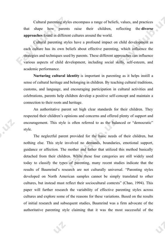 heir children’s opinions and concerns and offered plenty of support and encouragement. this style is often referred to as the balanced or “democratic” style. the neglectful parent provided for the basic needs of their children, but nothing else. this style involved no demands, boundaries, emotional support, guidance or affection. the mother and father that utilized this method basically detached from their children. while these four categories are still widely used today to classify the types of parenting, many recent studies indicate that the results of baumrind’s research are not culturally universal. “parenting styles developed on north american samples cannot be simply translated to other cultures, but instead must reflect their sociocultural contexts” (chao, 1994). this paper will further research the variability of effective parenting styles across cultures and explore some of the reasons for these variations. based on the results of initial research and subsequent studies, baumrind was a firm …