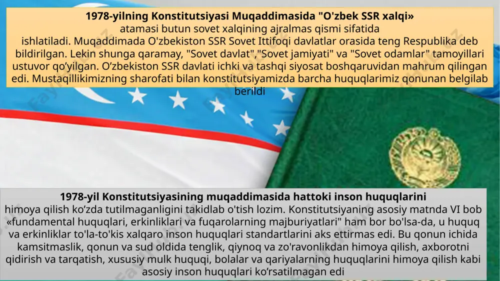 engashining 11-sessiyasida qabul qilingan. „oʻzbekiston respublikasining davlat mustaqilligi toʻgʻrisida“gi konstitutsiyaviy qonun (1991-yil 31-avgust) ushbu konstitutsiya uchun asos boʻlib xizmat qilgan. o‘zbekistonning yangi konstitutsiyasini tayyorlash g‘oyasi dastlab islom karimov tomonidan 1990-yilning mart oyida ilgari surildi. 1990-yil 20-iyun kuni bo‘lib o‘tgan o‘zbekiston oliy kengashining ii sessiyasida yangi konstitutsiya ishlab chiqish lozim, degan xulosaga kelindi. ushbu sessiya prezident islom karimov raisligida 64 kishidan iborat konstitutsiyaviy komissiyani tuzish toʻgʻrisida qaror qabul qilgan. uning tarkibiga deputatlar, qoraqalpogʻiston respublikasi va viloyatlarning vakillari, davlat hamda jamoat birlashmalari, korxonalar va xoʻjaliklarning rahbarlari, huquqshunos olimlar va mutaxassislar kirgan konstitutsiyaviy komissiya o‘zbekiston respublikasining konstitutsiyasini yaratish ustida 2,5 yil ishladi. loyihaning dastlabki varianti 1991-yilning oktabr-noyabrigacha tayyorlab bo‘lindi. 1992-yilning kuz oylarida o‘zbekiston respublikasining konstitutsiyasi loyihasi umumxalq muhokamasi uchun 2-marta matbuotda e’lon qilindi. 1992-yil 8-dekabrda xii chaqiriq o‘zbekiston respublikasi oliy kengashining xi sessiyasi bo‘ldi bunga qadar 1992-yildan buyon konstititutsiyaga jami 15 marta o‘zgartish kiritilgan edi. bu safar esa o‘zgarishlar ko‘lami kattaligi sabab hujjatning …