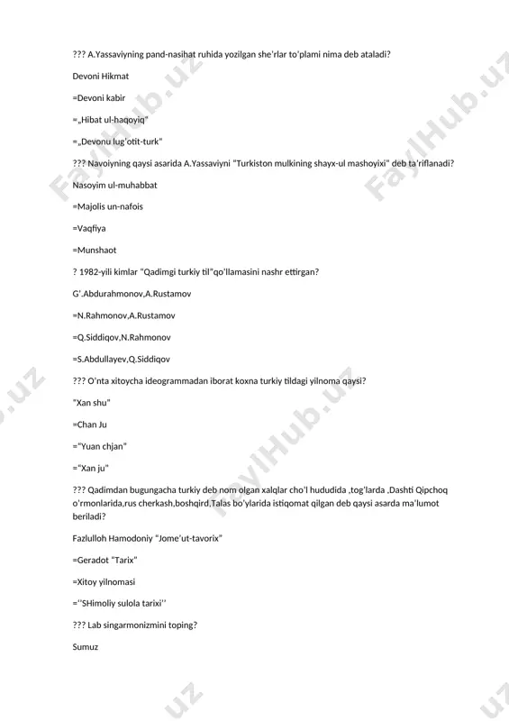 i universitet qoshida sharq tillari fakulteti ochildi? peterburg universiteti =xarkov, universiteti =moskva universiteti =qozon universiteti ??? tatar tilining birinchi grammatikasi iosif giganov tomonidan 1801-yili qayerda nashr etildi? peterburgda =xarkovda =moskvada =qozonda ??? 1839 –yilda turkiy tillar grammtikasini tuzgan olim? a.kazimbek =o.betling =i.n. berezin =n.i.ilminskiy ? eski o ‘zbek tili yodnomalari xrestomatiyasini 1857-yilda tuzgan olim? i.n. berezin =o.betling =a.kazimbek =n.i.ilminskiy ??? vosita kelishigining iste’mol doirasi chegaralangan davrni toping ? xv =xiv =xvi =xvii ??? vosita kelishigi qaysi yodgorliklar va asarlarda ko’proq uchraydi ? o’rxun enasoy,”qutadg’u bilig”, “devonu lug’otit turk “ =hibat-ul haqoyiq =muhokamat –ul lug’atayn =qutadg’u bilig ??? eski o’zbek tilida asosan otlar qanday usulda yasalgan? morfologik, sintaktik =morfologik =tarixiy =sintaktik ??? ”qutadg’u bilig”asari chinliklarda qanday atalgan? adab –ul mulk =anis-ul mamolik =ziynat-ul umaro =shohnoma ??? -mish/mish affiksli sifatdoshning qadimgi grammatik ma’no va vazifalari nechanchi asrga oid yodgotliklarda uchraydi? xiii-xiv =xii-xiii =x-xii =xiv-xv ??? -g’an/-kan/-qan/-gan affiksli sifatdoshning yozma manbalarda aks etishi …
