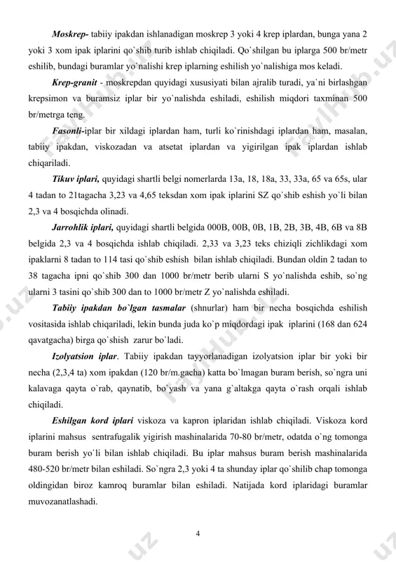 ali ishlab chiqiladi. eshilgan kord iplari viskoza va kapron iplaridan ishlab chiqiladi. viskoza kord iplarini mahsus sentrafugalik yigirish mashinalarida 70-80 br/metr, odatda o`ng tomonga buram berish yo`li bilan ishlab chiqiladi. bu iplar mahsus buram berish mashinalarida 480-520 br/metr bilan eshiladi. so`ngra 2,3 yoki 4 ta shunday iplar qo`shilib chap tomonga oldingidan biroz kamroq buramlar bilan eshiladi. natijada kord iplaridagi buramlar muvozanatlashadi. ipak eshish fabrikalarida sifatiga va miqdoriga asosan qabul qilib olinadigan xom ashyo davlat standartiga yoki tasdiqlangan texnikaviy shartga mos holda qabul qilinadi. xom ashyo etkazib beruvchi - korxonalar bilan qilinadigan hisob-kitob konditsion (belgilangan talablarga to’liq javob beriladigan) massa miqdori bo’yicha o’tkaziladi. konditsion massa, kg bu yerda: gf - to’pning (partiyaning) amaliy massasi miqdori, kg; wk - konditsion (belgilangan talablarga to’liq javob beriladigan) namlik, % ; wf - tekshirilayotgan davrdagi amaliy namlik, %. аmaliy namlik, %, quyidagi formula bo’yicha aniqlanadi: , bu erda: - namunaning boshlang’ich massasi, g; - namunaning …