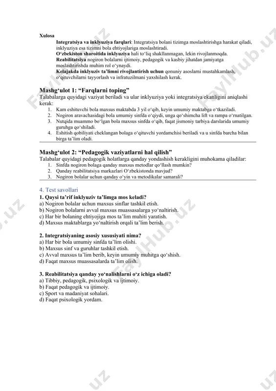 reabilitatsiya markazlari – davlat tomonidan qo‘llab-quvvatlanadigan reabilitatsiya dasturlari. o‘zbekistonda inklyuziv ta’limni rivojlantirish istiqbollari qonunchilik bazasini mustahkamlash – inklyuziv ta’limni rivojlantirish bo‘yicha qonun va dasturlarni to‘liq joriy etish. o‘qituvchilarni tayyorlash – inklyuziv ta’lim bo‘yicha maxsus kurslarni ko‘paytirish. maxsus metodik materiallar yaratish – darsliklar, elektron resurslar, qo‘llanmalar tayyorlash. infratuzilmani yaxshilash – maktab va bog‘chalarda nogiron bolalar uchun mos muhit yaratish (panduslar, liftlar, maxsus partalar). jamiyat ongini o‘zgartirish – inklyuziv ta’lim bo‘yicha jamoatchilikni xabardor qilish. o‘zbekiston sharoitidagi amaliy misollar · toshkent shahrida nogiron bolalar uchun maxsus maktablar faoliyat yuritmoqda. masalan, ko‘zi ojiz bolalar maktabi, eshitish qobiliyati cheklangan bolalar internat-maktabi. · muruvvat uylari nogiron bolalar uchun ijtimoiy reabilitatsiya xizmatlari ko‘rsatadi. · ta’lim tizimida inklyuziv sinflar tashkil etish bo‘yicha eksperimental loyihalar mavjud. xulosa integratsiya va inklyuziya farqlari: integratsiya bolani tizimga moslashtirishga harakat qiladi, inklyuziya esa tizimni bola ehtiyojlariga moslashtiradi. o‘zbekiston sharoitida inklyuziya hali to‘liq shakllanmagan, lekin rivojlanmoqda. reabilitatsiya nogiron bolalarni ijtimoiy, pedagogik va kasbiy jihatdan …