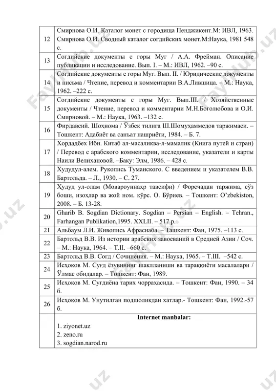 mirnova o.i. katalog monet s gorodisha pendjikent.m: ivl, 1963. smirnova o.i. svodniy katalog sogdiyskix monet.m:nauka, 1981 548 s. 13 sogdiyskie dokumenti s gori mug / a.a. freyman. opisanie publikatsii i issledovanie. vip. i. – m.: ivl, 1962. –90 s. 14 sogdiyskie dokumenti s gori mug. vip. ii. / yuridicheskie dokumenti i pisma / chtenie, perevod i kommentarii v.a.livshitsa. – m.: nauka, 1962. –222 s. 15 sogdiyskie dokumenti s gori mug. vip.iii. / xozyaystvennie dokumenti / chtenie, perevod i kommentarii m.n.bogolyubova i o.i. smirnovoy. – m.: nauka, 1963. –132 s. 16 firdavsiy. shohnoma / o'zbek tiliga sh.shomuhammedov tarjimasi. – toshkent: adabiyot va san'at nashriyoti, 1984. – b. 7. 17 xordadbex ibn. kitab al-masalikva-l-mamalik (kniga putey i stran) / perevod s arabskogo kommentarii, issledovanie, ukazateli i karti naili velixanovoy. –baku: elm, 1986. – 428 s. 18 xududul-alem. rukopis tumanskogo. s vvedeniem i ukazatelem v.v. bartolda. – l., 1930. – s. 27. 19 …