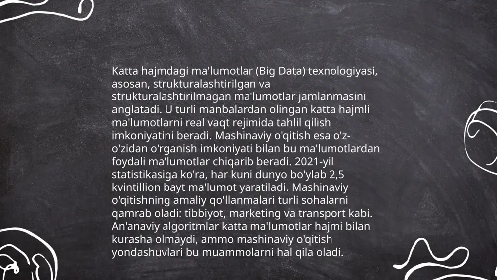 ol uchun, 2022-yilda global darajada ai algoritmlari ma'lumotlarni qayta ishlashda tezlikni 30% ga oshirdi. ai yordamida katta hajmdagi ma'lumotlardan foydali bilimlar chiqariladi, bu esa korxonalarga 25% gacha samaradorlikni oshirish imkonini beradi. shuningdek, sanoat tadqiqotisida ai ma'lumotlar oqimini real vaqtda tahlil qilish orqali 15% ga ko'proq muammolarni oldindan aniqlaydigan tizimlar yaratishga imkon berdi. bu jarayonlarda qayta o‘qitiladigan neyron tarmoqlar va chuqur o‘rganish algoritmlari keng qo‘llanilmoqda. ... t.me/slaydai_bot sun'iy intellekt (si) avtomatlashtirish jarayonlarida muhim rol o'ynaydi, ayniqsa katta ma'lumotlarni tahlil qilish va boshqarishda. si algoritmlari ma'lumotlarni qayta ishlash orqali inson resurslarini tejaydi va samaradorlikni oshiradi. tahminlarga ko'ra, sun'iy intellekt orqali avtomatlashtirish 2030 yilga kelib global iqtisodiy o'sishga 13 trillion aqsh dollari qo'shishi kutilmoqda. si yordamida ishlab chiqarish sohalarida o'sish 20-25% ga yetishi mumkin. ma'lumotlarni avtomatlashtirishda si yordamida ishlov berish tezligi sezilarli oshadi, bu esa kompaniyalarga tezkor qarorlar qabul qilish imkonini beradi. shuningdek, avtomatlashtirish natijasida insoniyat mehnat bozorida o'zgarishlar yuz berishi kutilmoqda. ... …